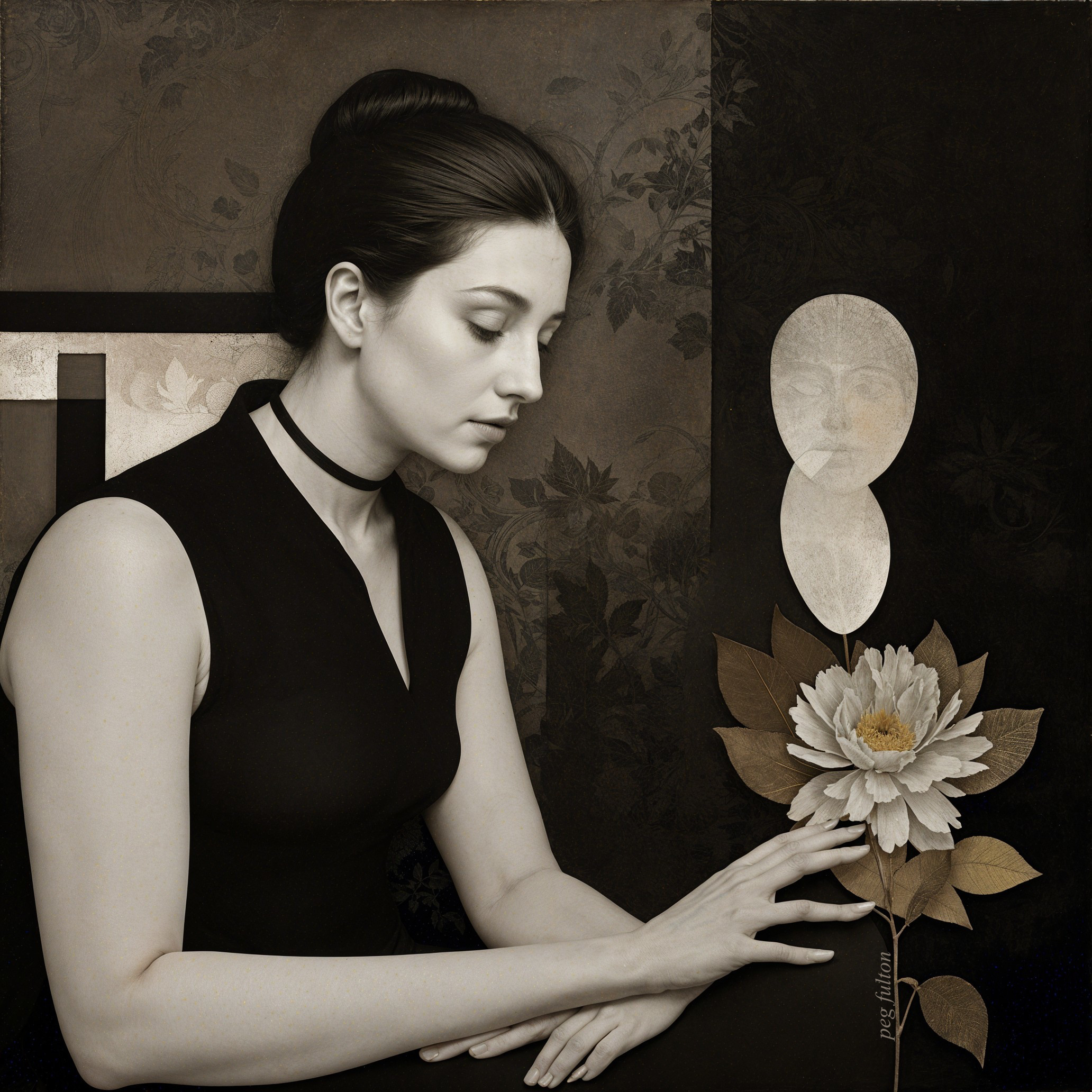 Contemplative Woman in Black Dress with Elegant Flower