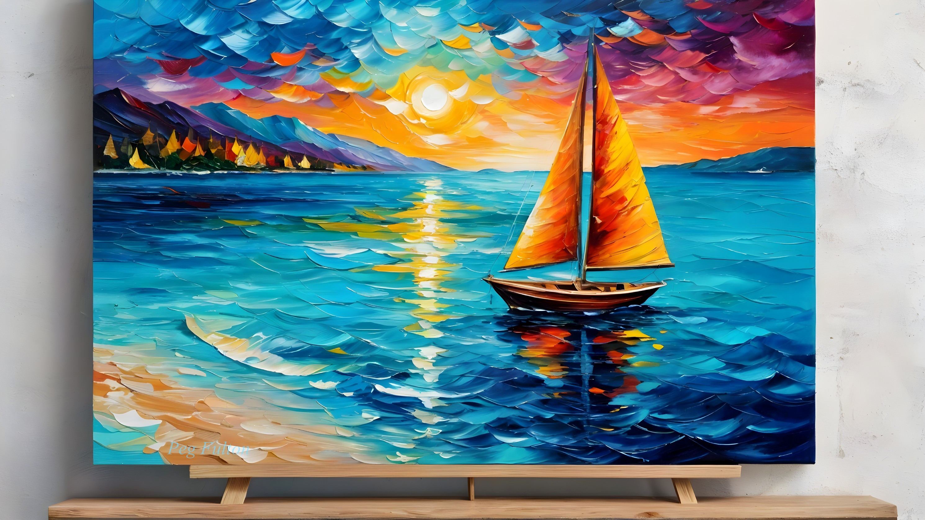 Vibrant Sailboat Painting with Sunset and Mountains