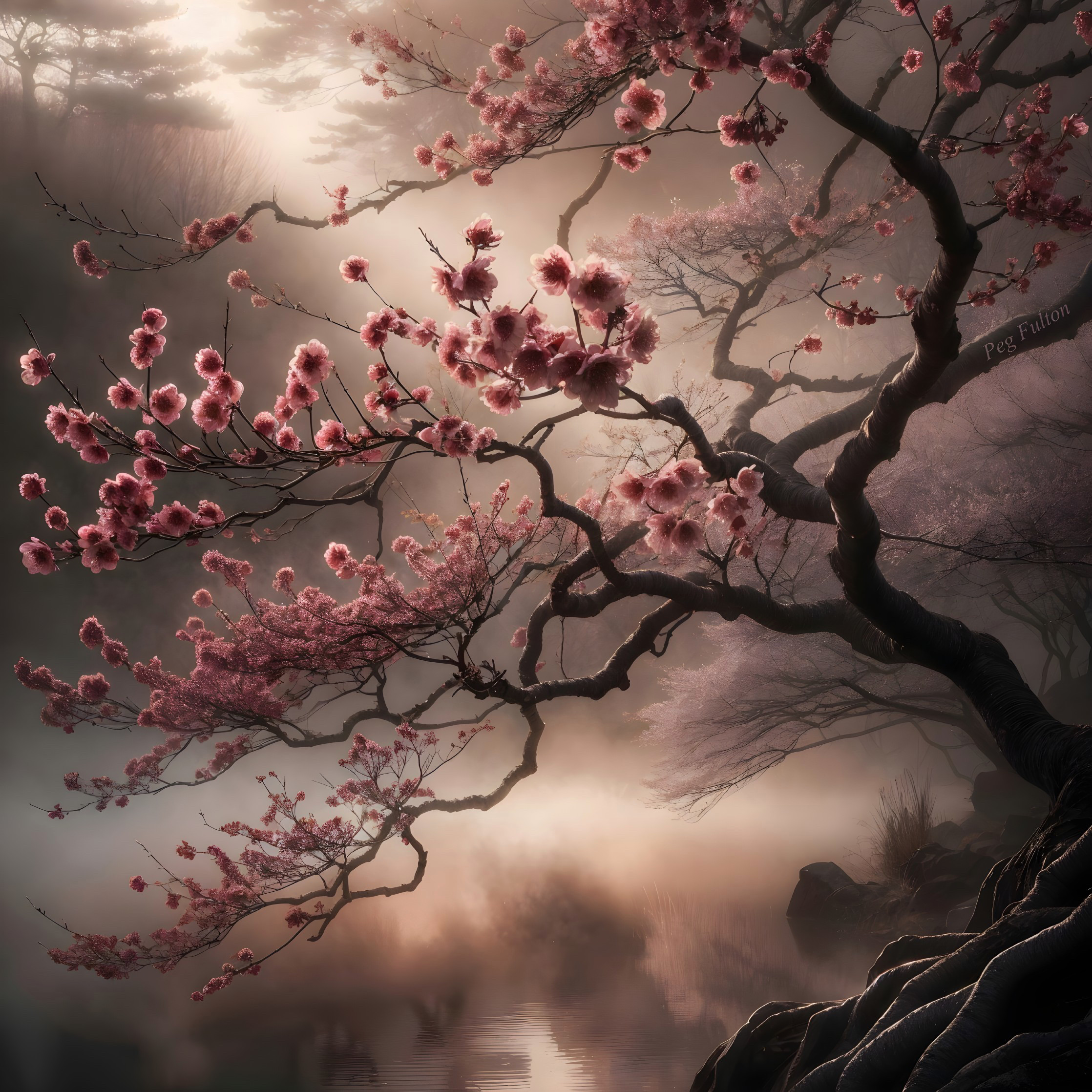 Gnarled Cherry Blossom Tree in Misty Landscape