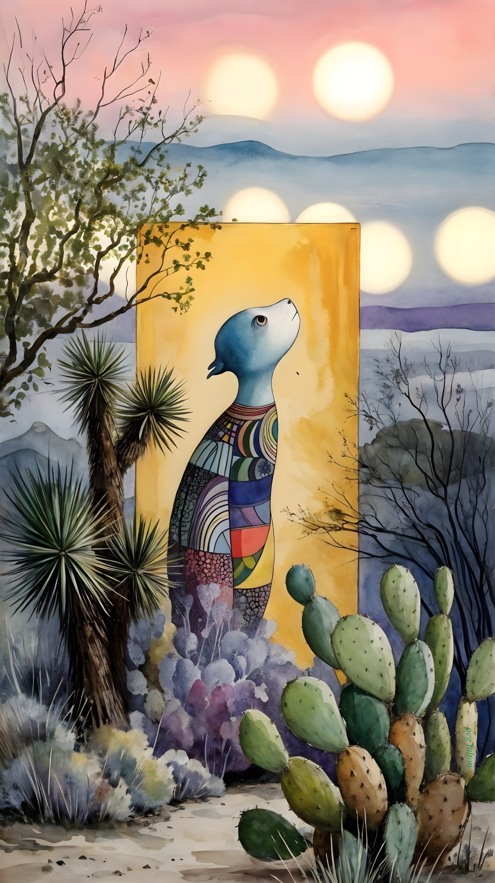 Vibrant Meerkat in Whimsical Desert Landscape Scene