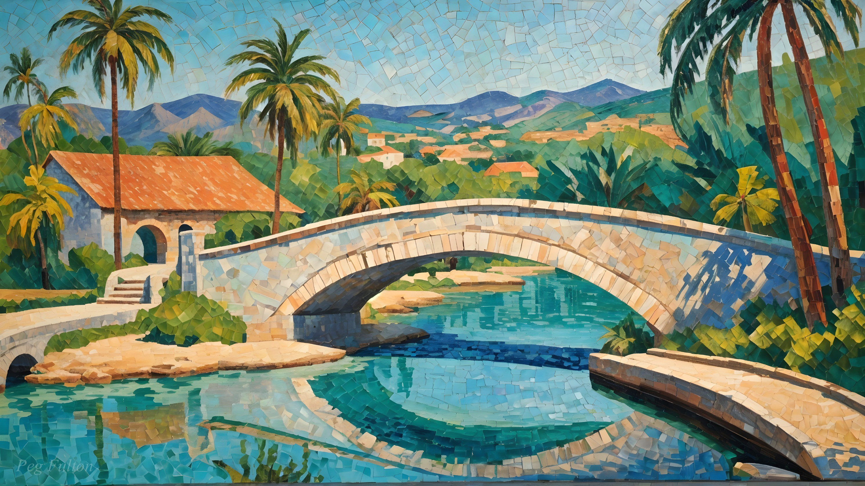 Vibrant Mosaic Landscape with Stone Bridge and River
