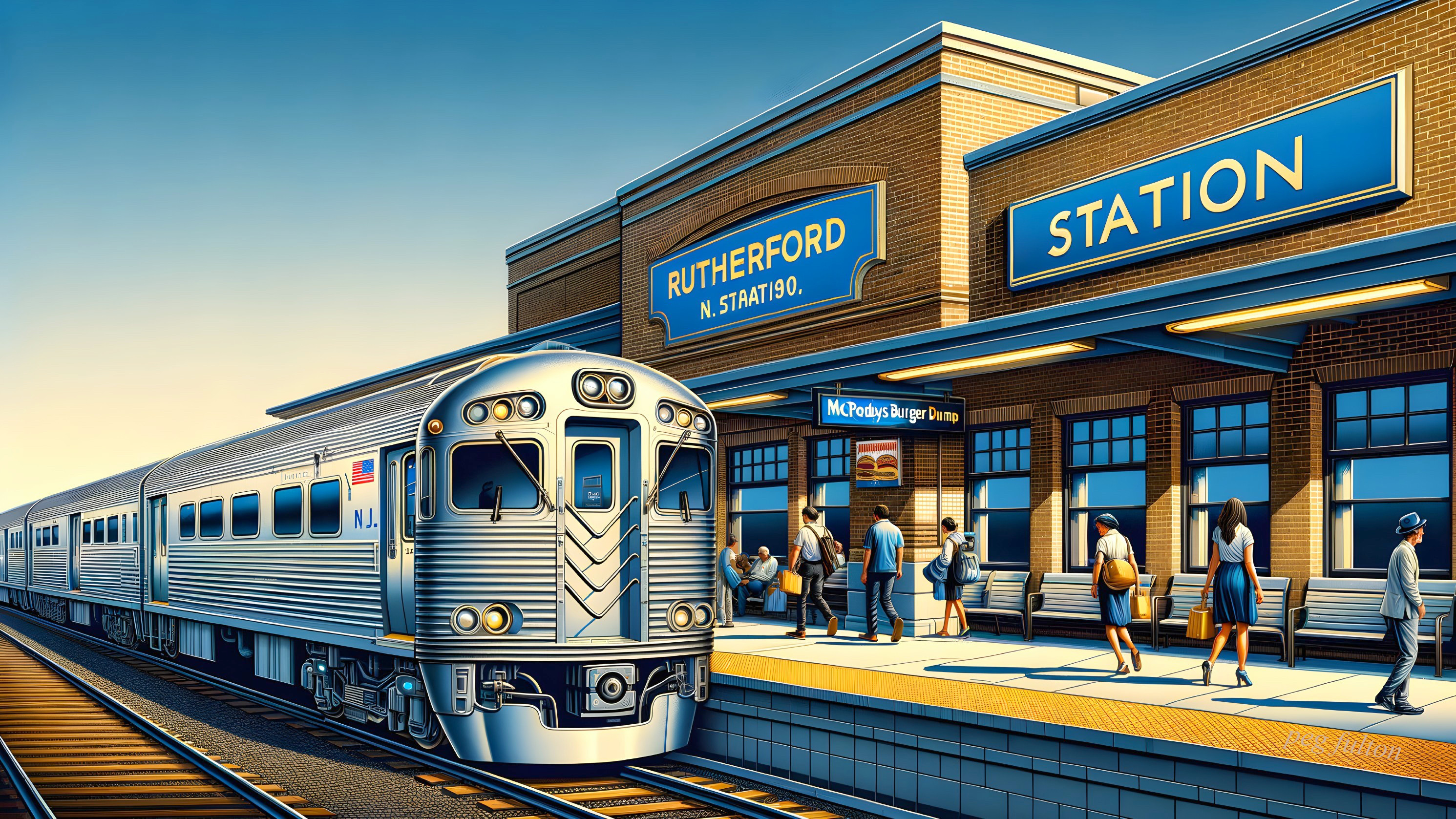 Vintage Train at Rutherford Station with Commuters