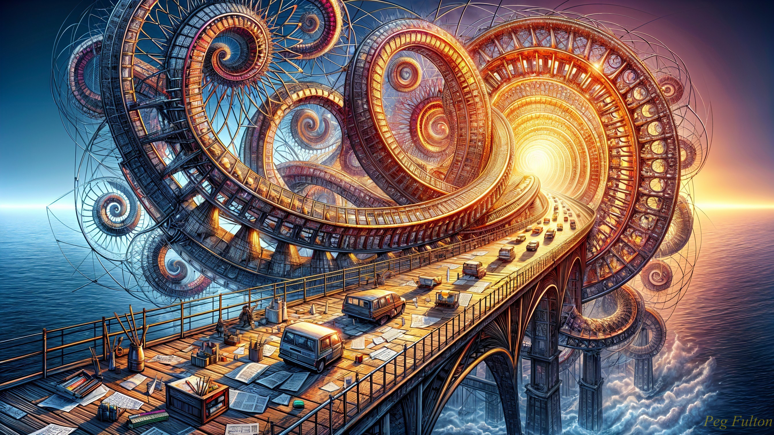 Surreal Spiraling Bridge with Glowing Horizon and Patterns