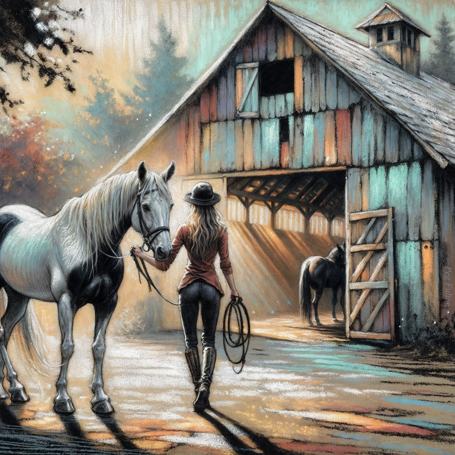 Woman with Horse at Rustic Barn in Soft Sunlight