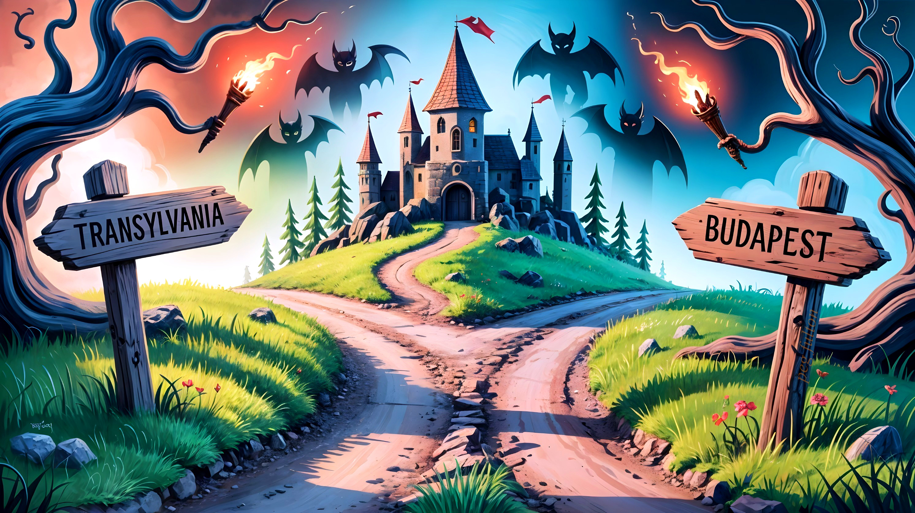 Whimsical Landscape with Fork in the Road and Castle