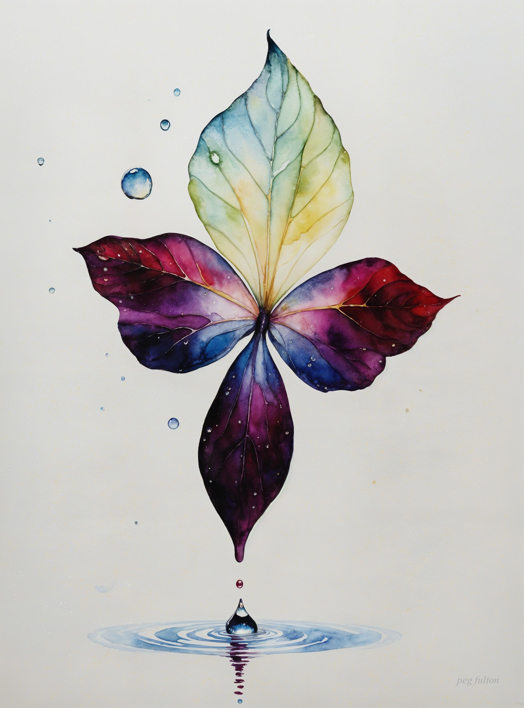 Vibrant Leaf Above Still Water with Reflective Droplet