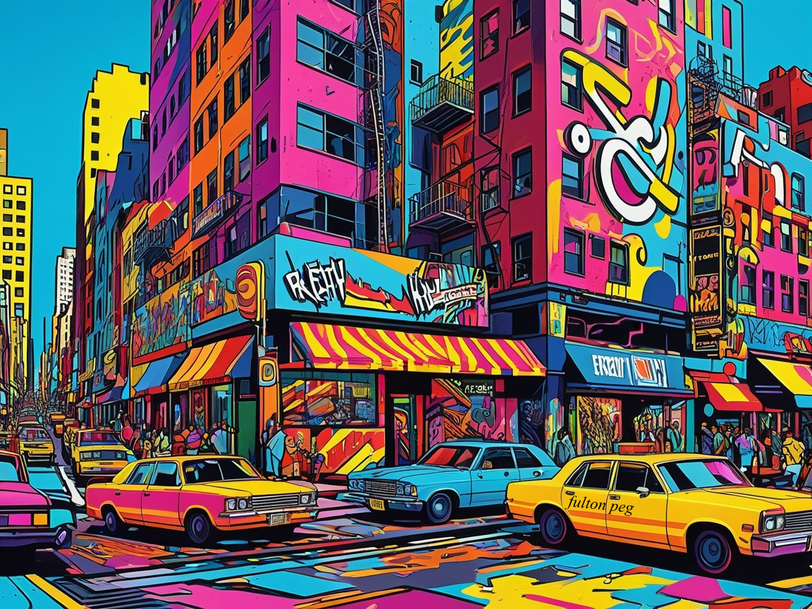 Vibrant Urban Street Scene with Colorful Murals
