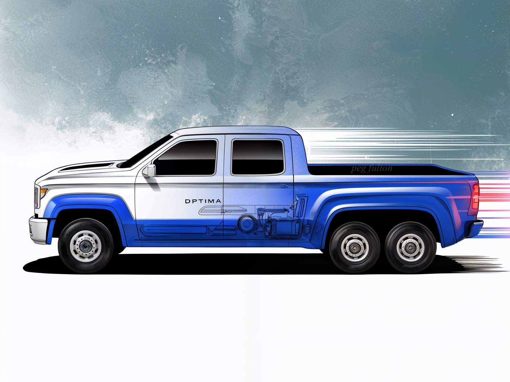 Stylized Side View of a Blue and White Pickup Truck