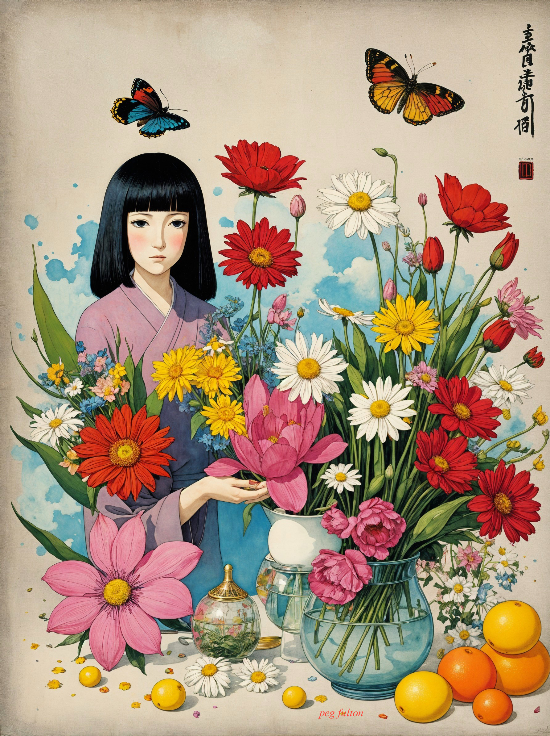 Young Girl in Kimono Surrounded by Colorful Flowers