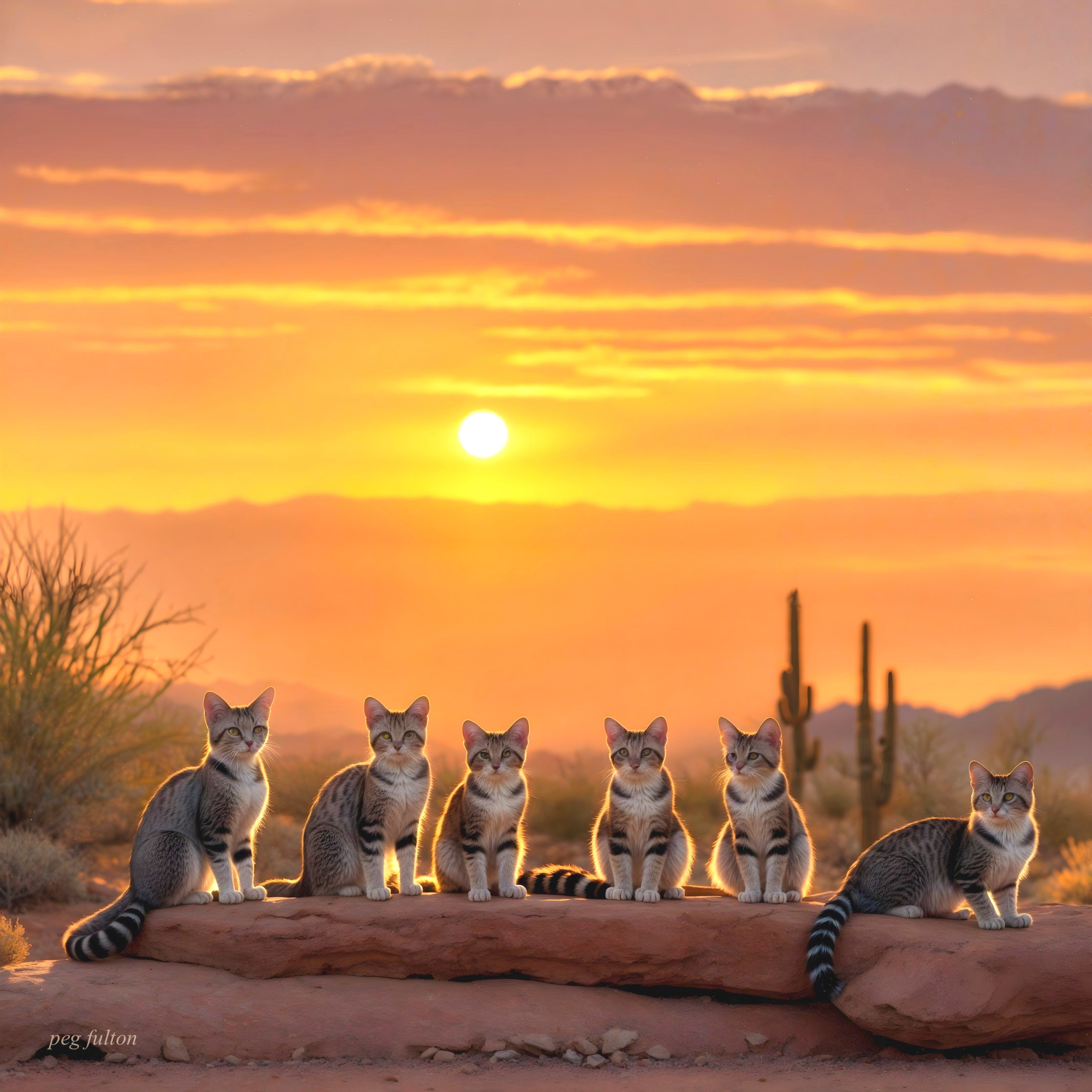Striped Cats Silhouetted in Desert at Sunset