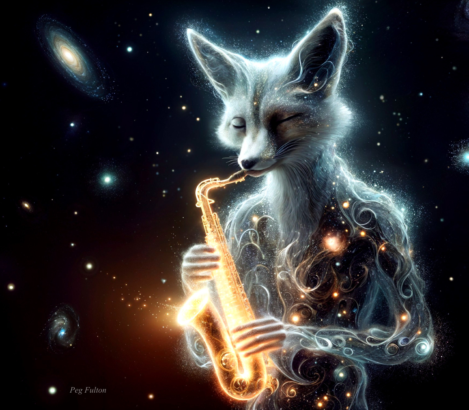 Ethereal Fox Playing Saxophone in Cosmic Setting