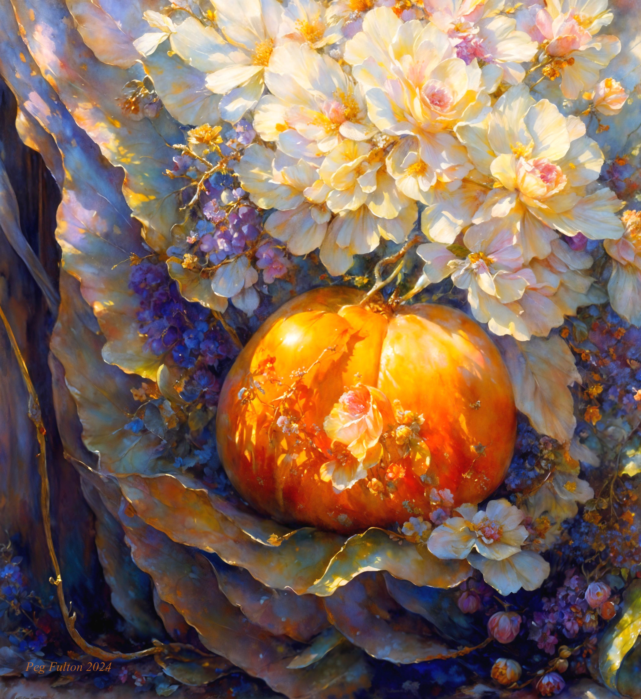 Vibrant Pumpkin Surrounded by Flowers and Foliage