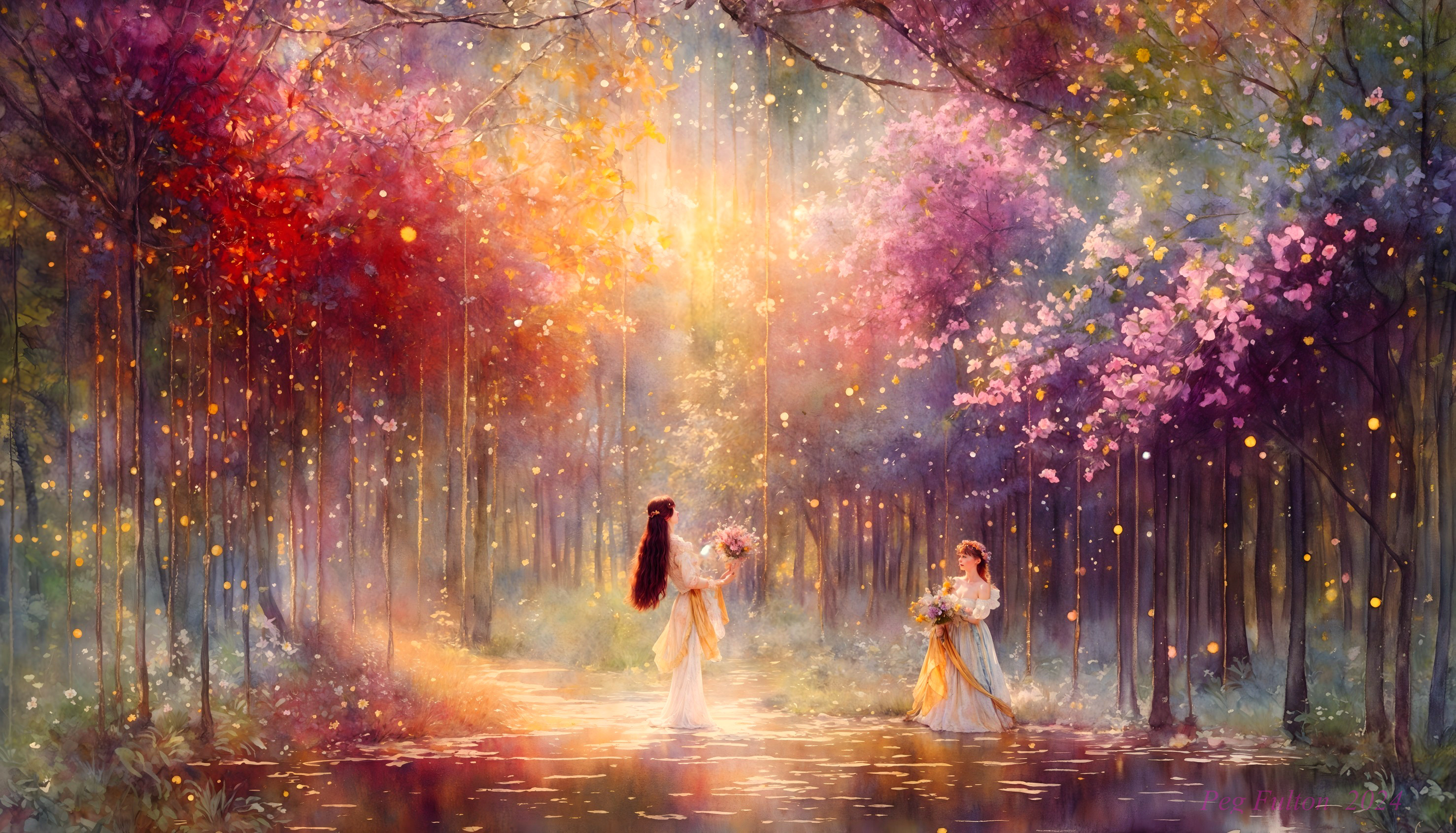 Enchanted Forest Scene with Flowing Dresses and Light