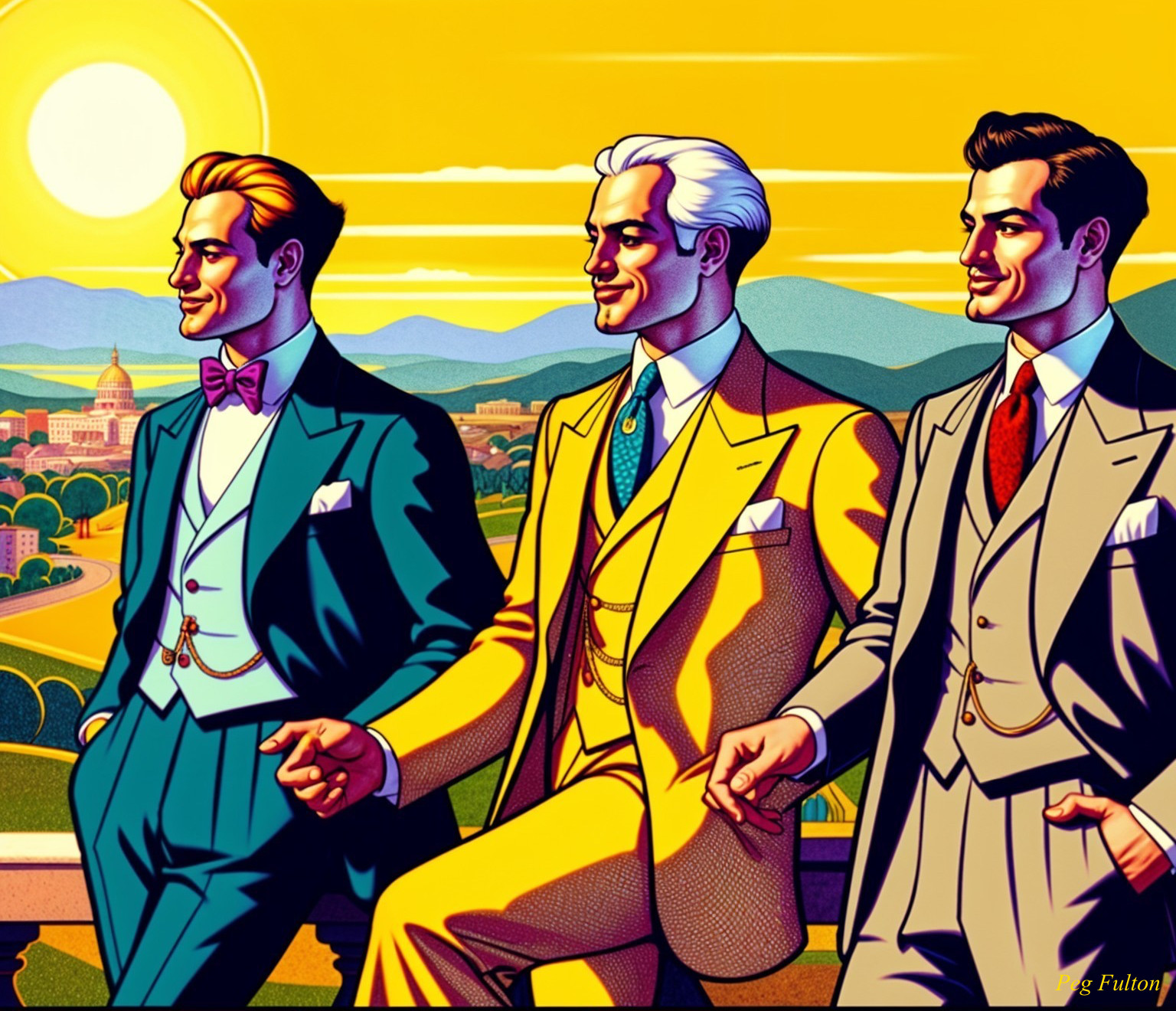 Three Stylishly Dressed Men in Vibrant Landscape