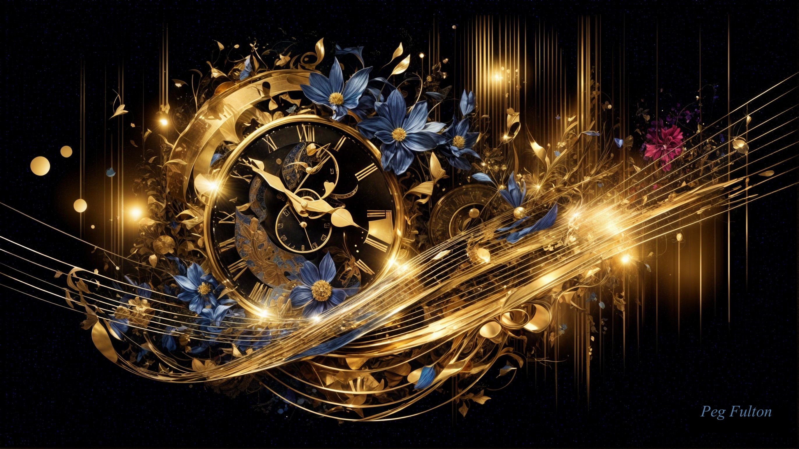 Vintage Clock with Golden Swirls and Blue Flowers