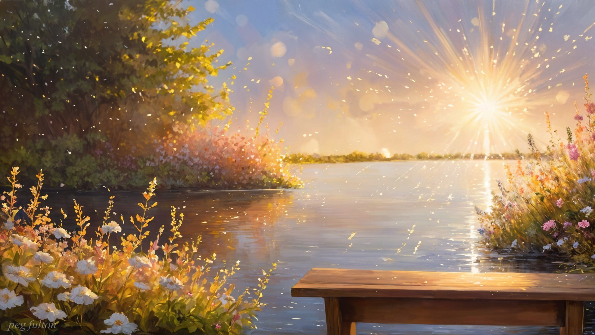 Tranquil Lakeside Scene at Sunrise with Wildflowers