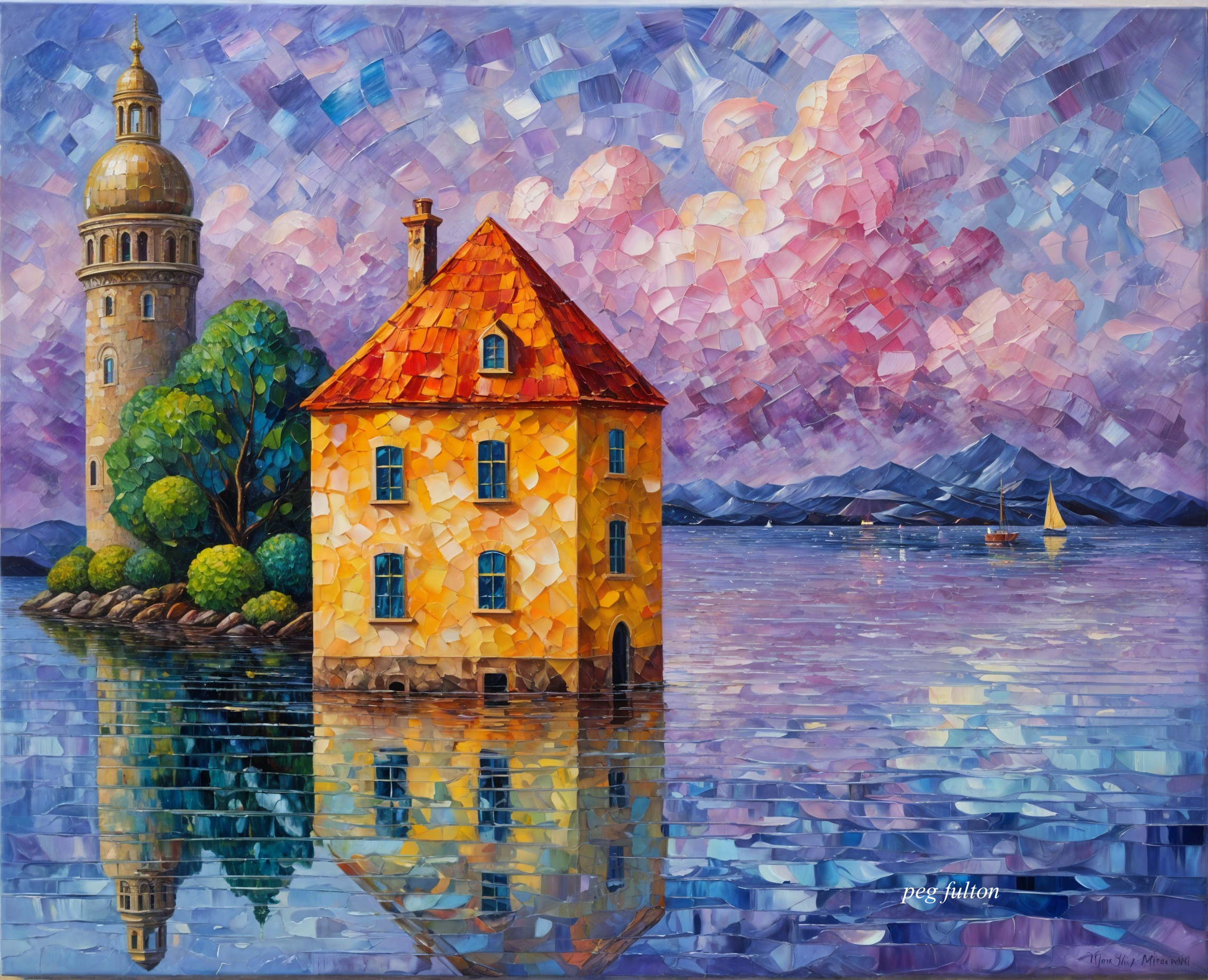 Vibrant Abstract Landscape with Colorful House and Tower