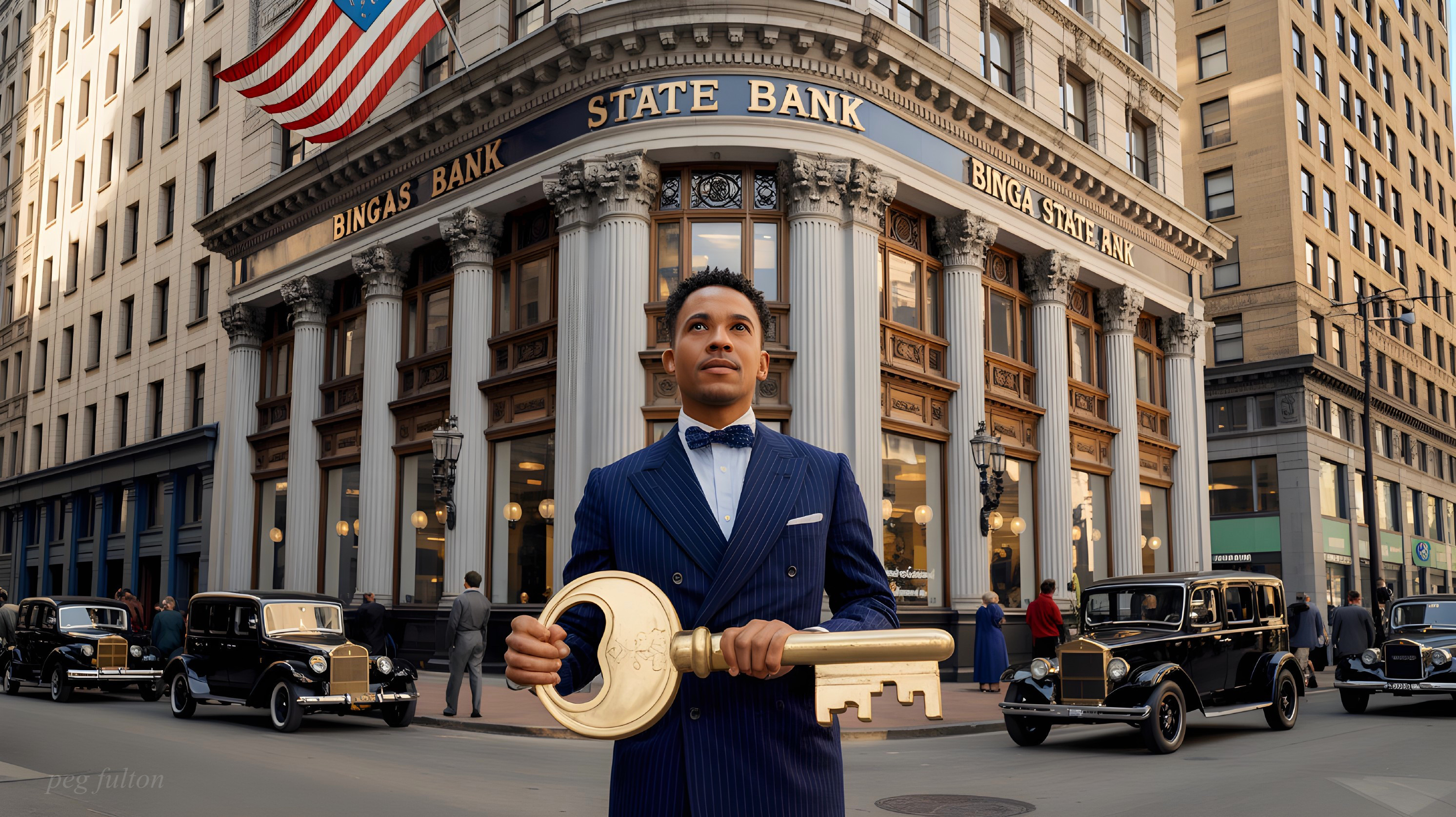 Confident Man with Gold Key at Ornate Bank Building