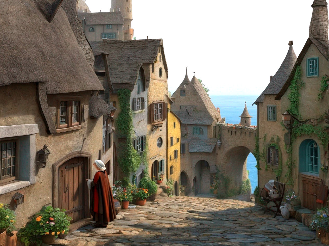 Picturesque Village Street with Medieval Houses and Sea View