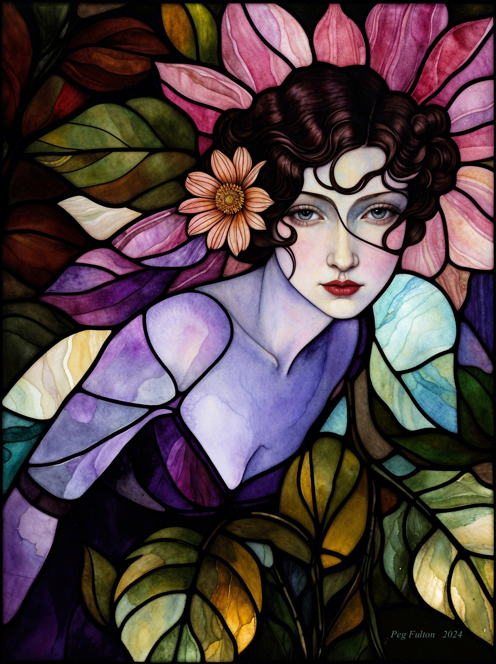 Stained Glass Artwork of Woman Among Vibrant Flora