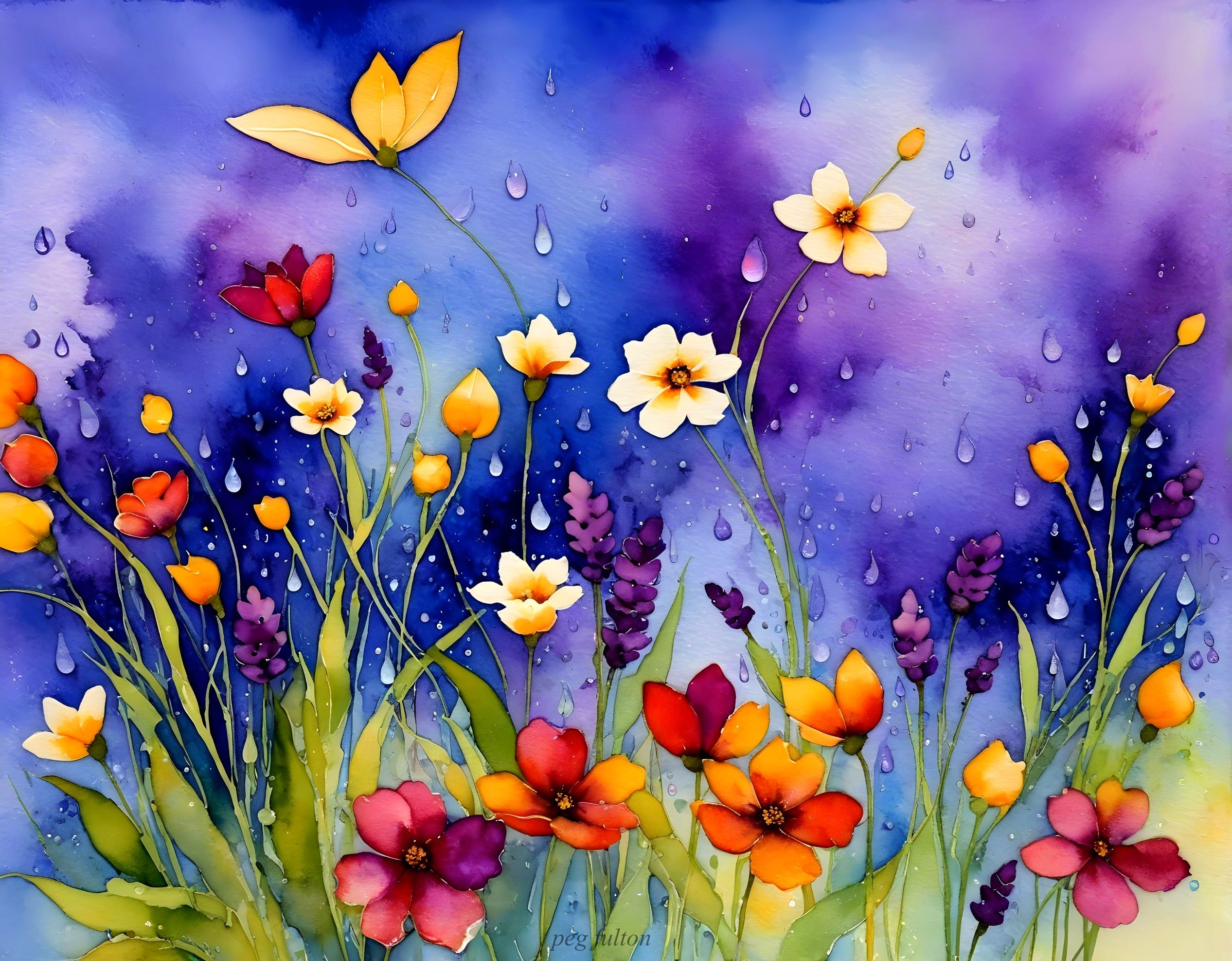Watercolor Artwork of Flowers and Rainy Sky