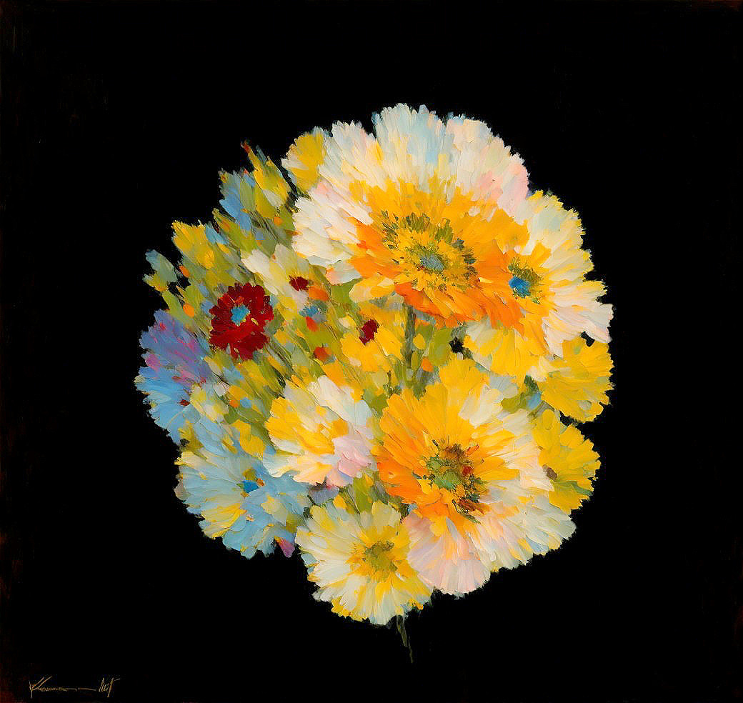 Colorful oil painting of daisies on dark backdrop