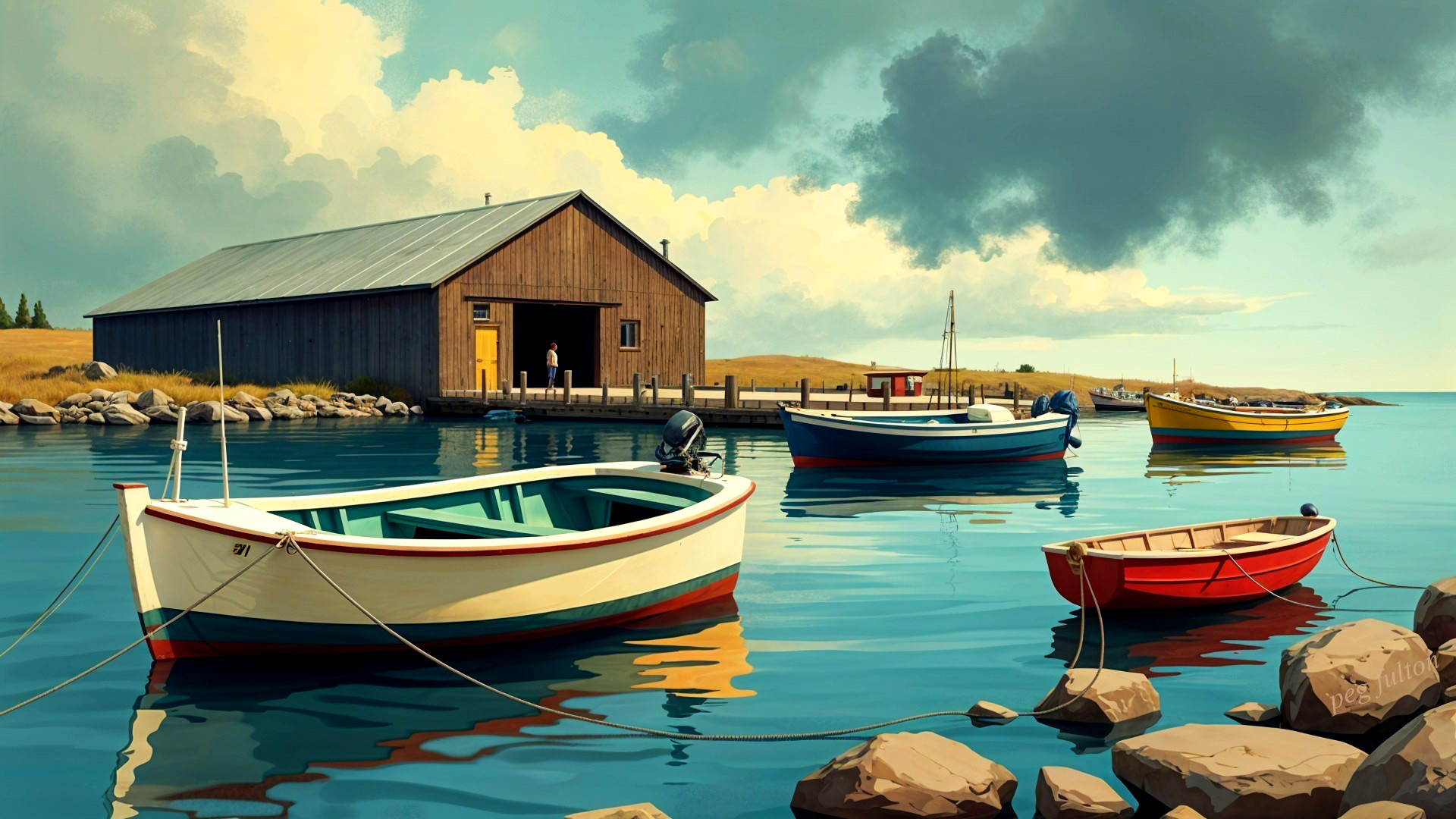 Coastal Scene with Colorful Boats and Boathouse
