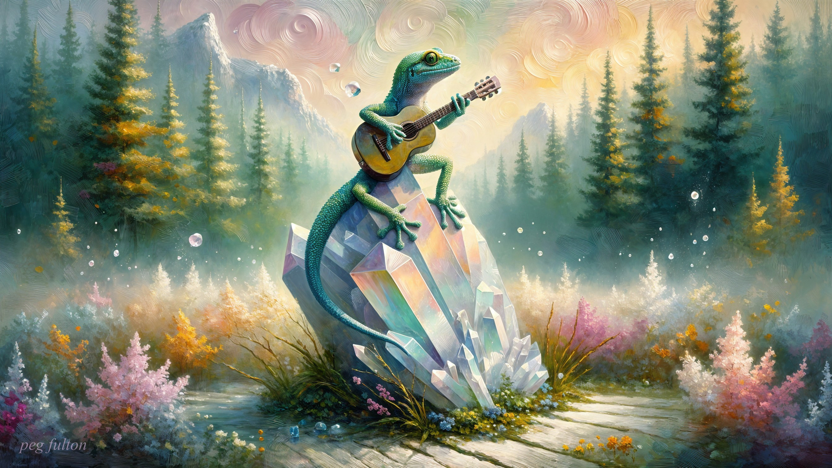 Lizard Playing Guitar in Whimsical Landscape Scene