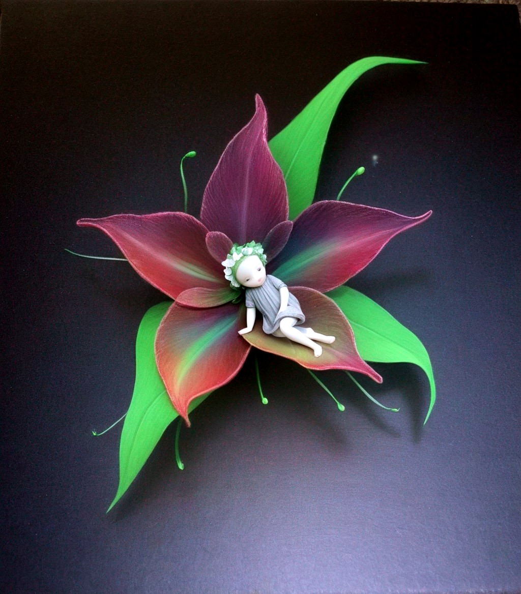 Intricate Flower with Whimsical Figure on Dark Background