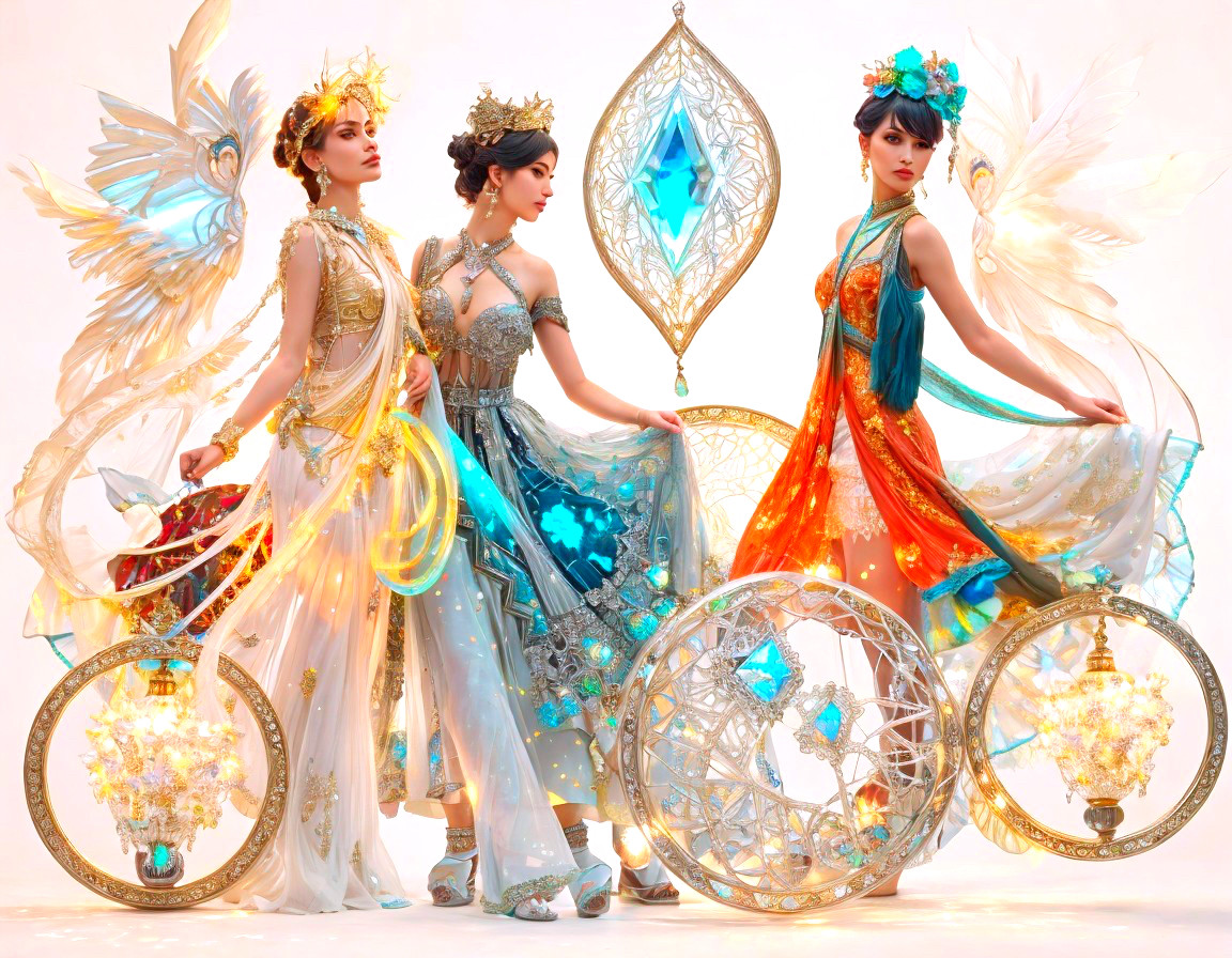 Three women in fantasy costumes with feathered wings and ornate headdresses standing by bejeweled