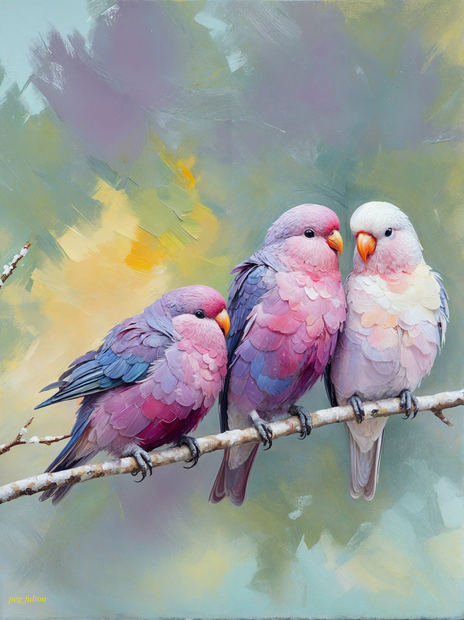 Colorful Birds on a Branch in Pastel Hues