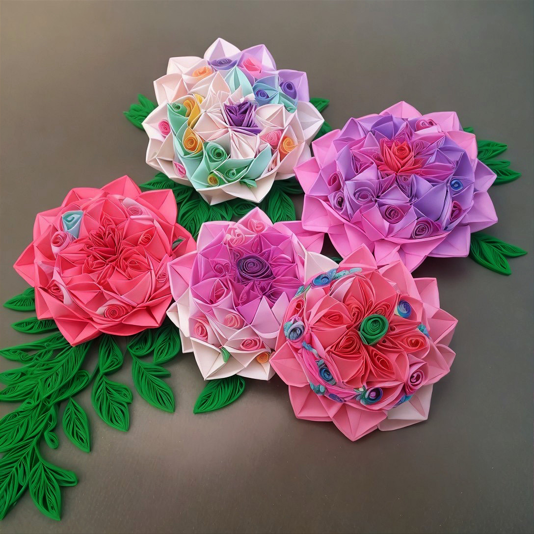 Vibrant paper quilling flowers on grey backdrop
