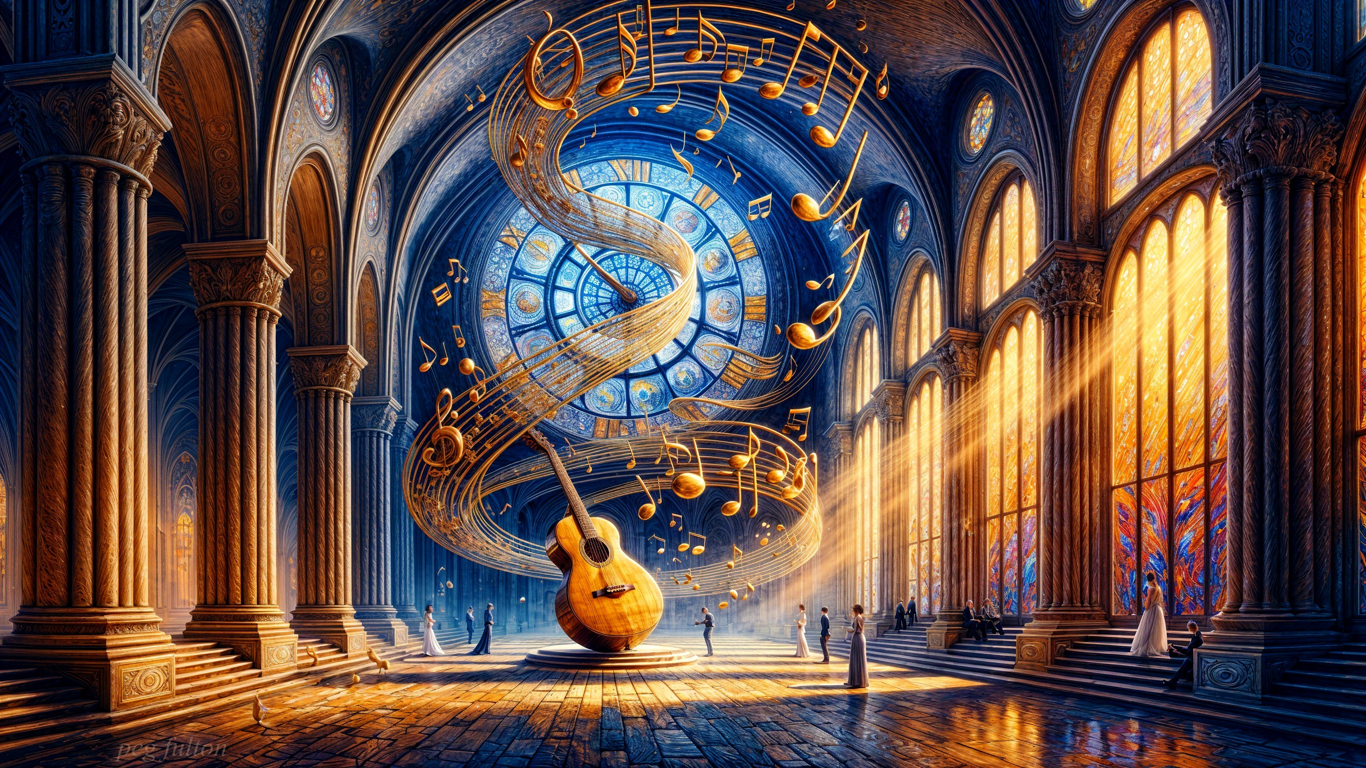 Ethereal hall with stained glass and a central guitar