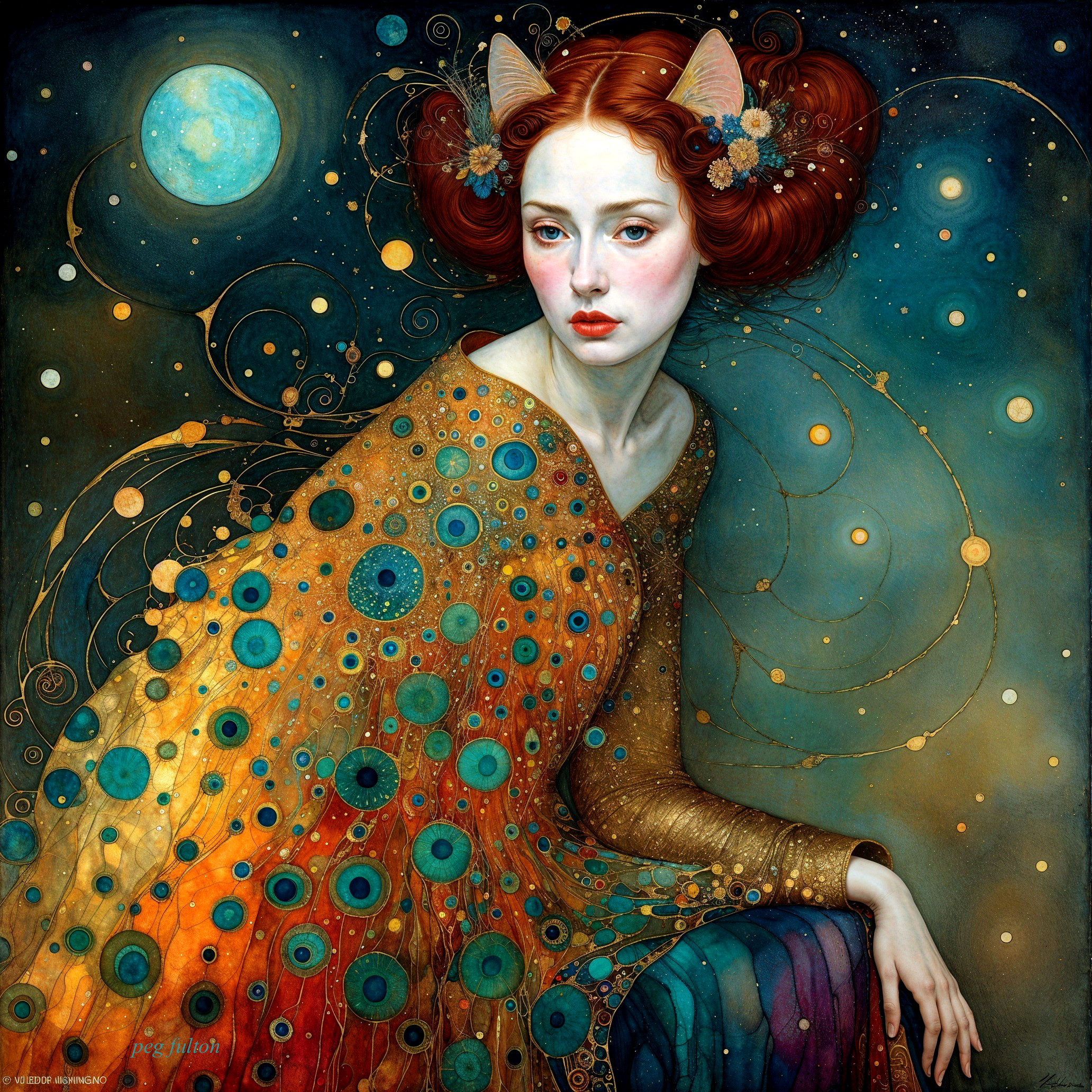 Ethereal Woman with Red Hair in Celestial Setting