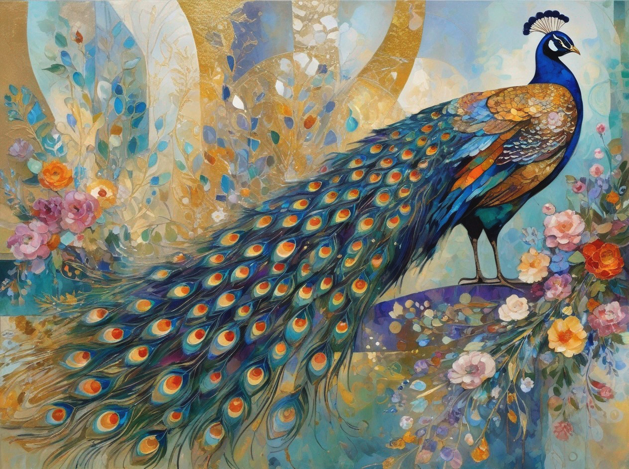Vibrant Stylized Peacock with Iridescent Plumage