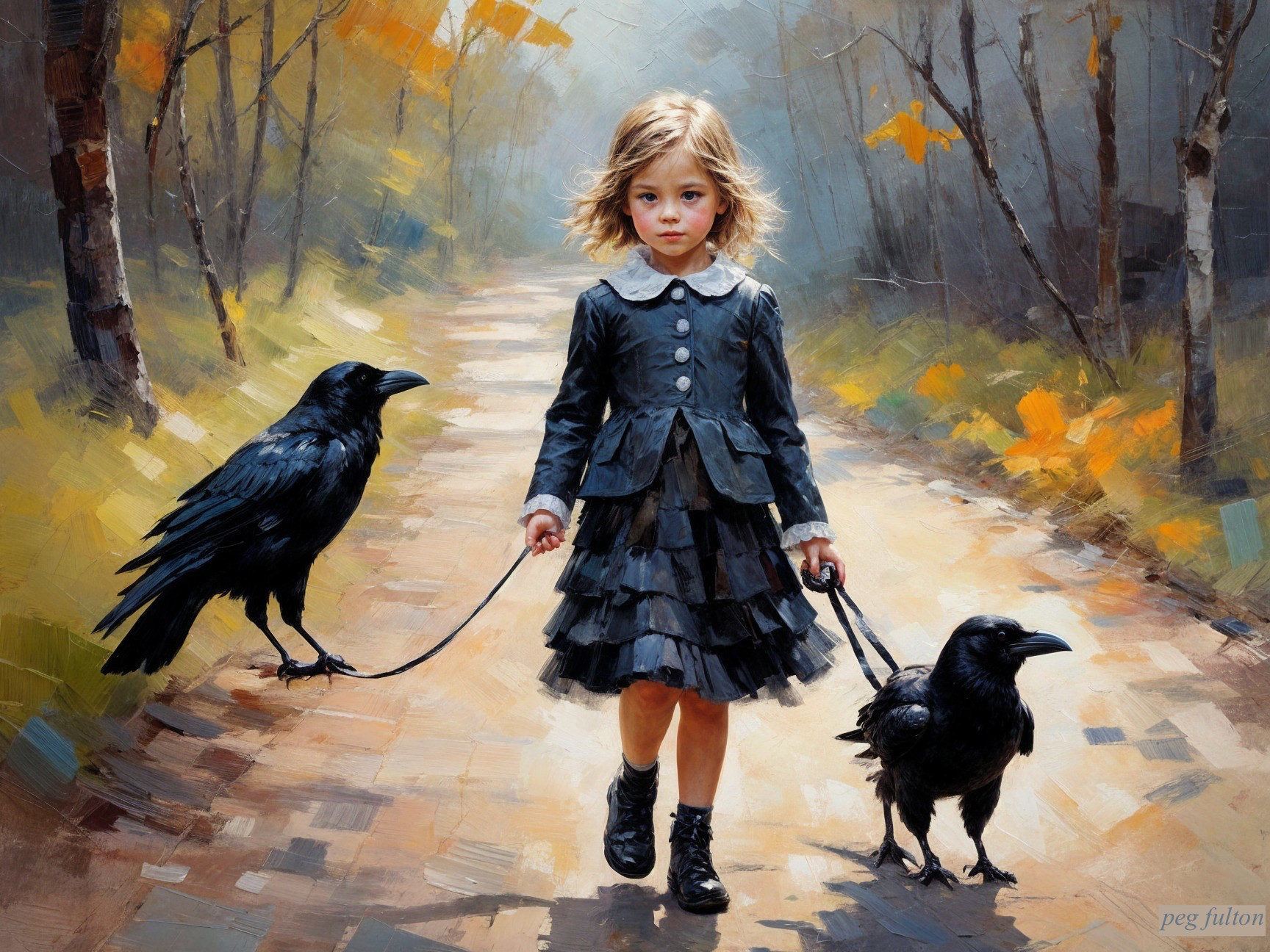 Young girl in black dress with ravens in forest path