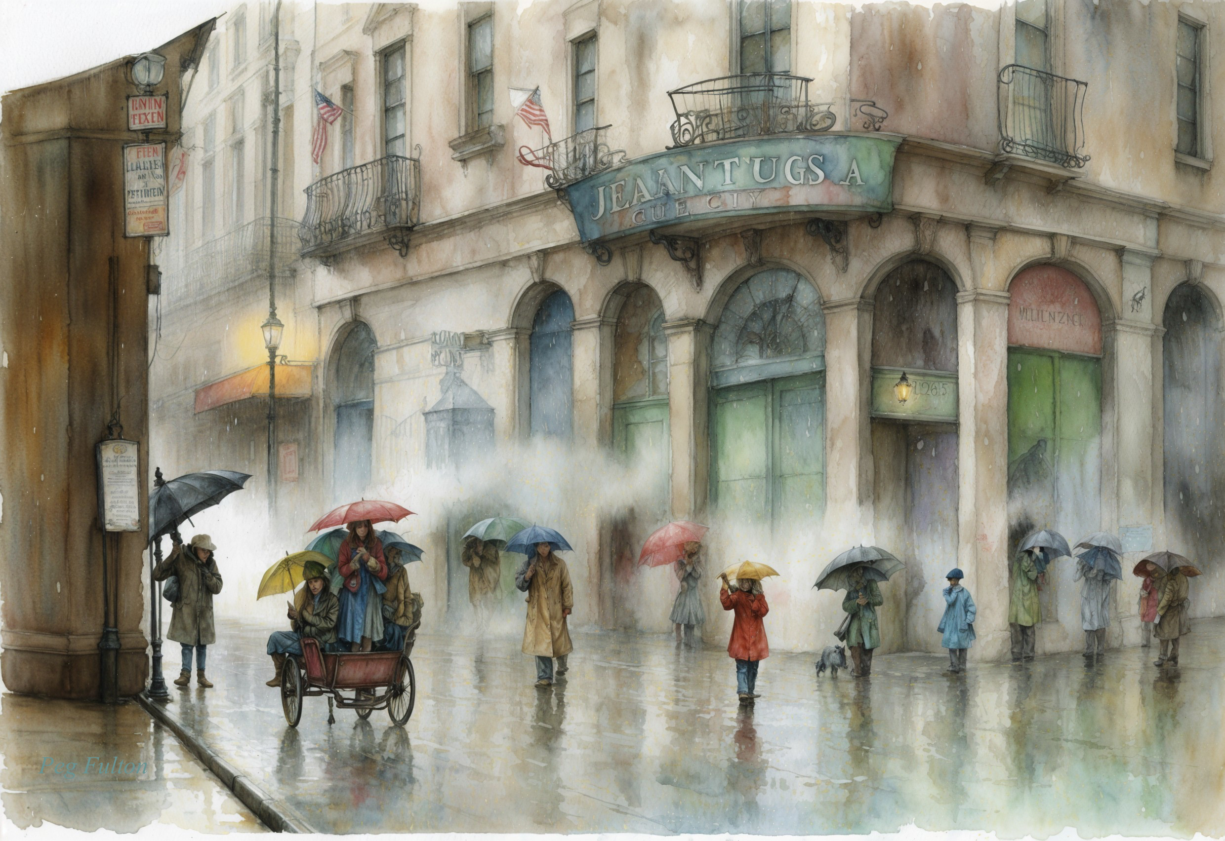 Vibrant Rainy Streetscape with Colorful Umbrellas