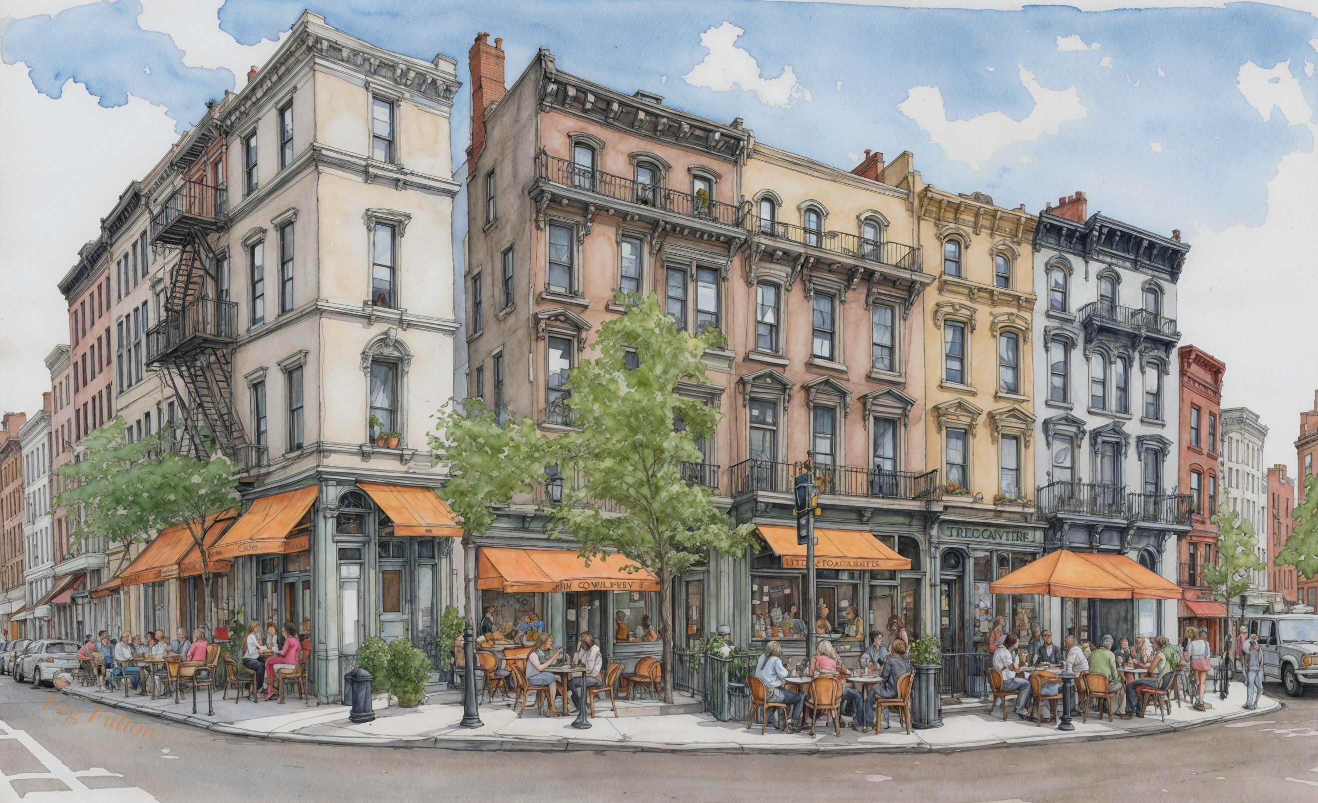 Vibrant Brownstone Street Corner with Outdoor Cafés