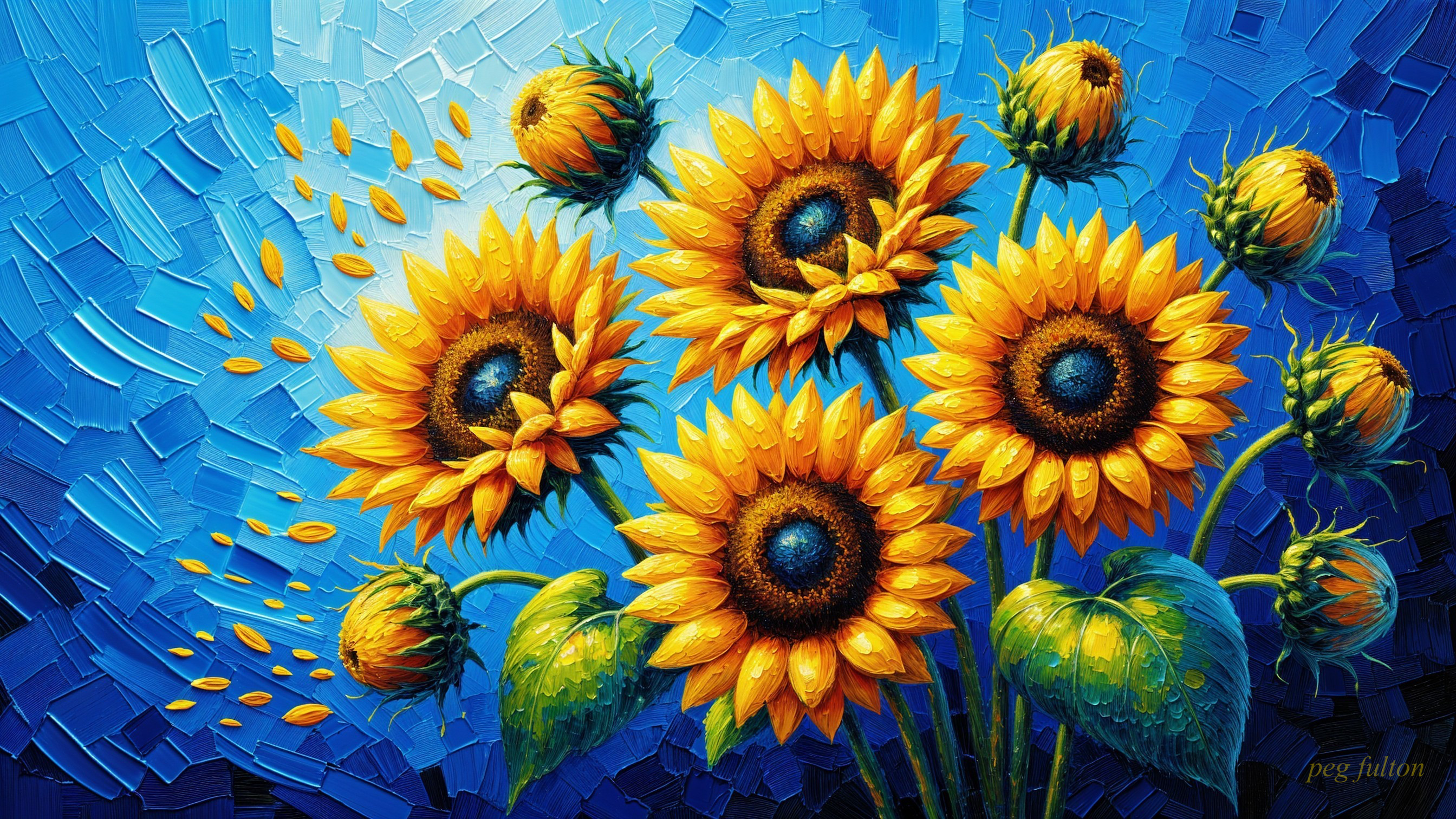 Vibrant Oil Painting of Sunflowers on Blue Background