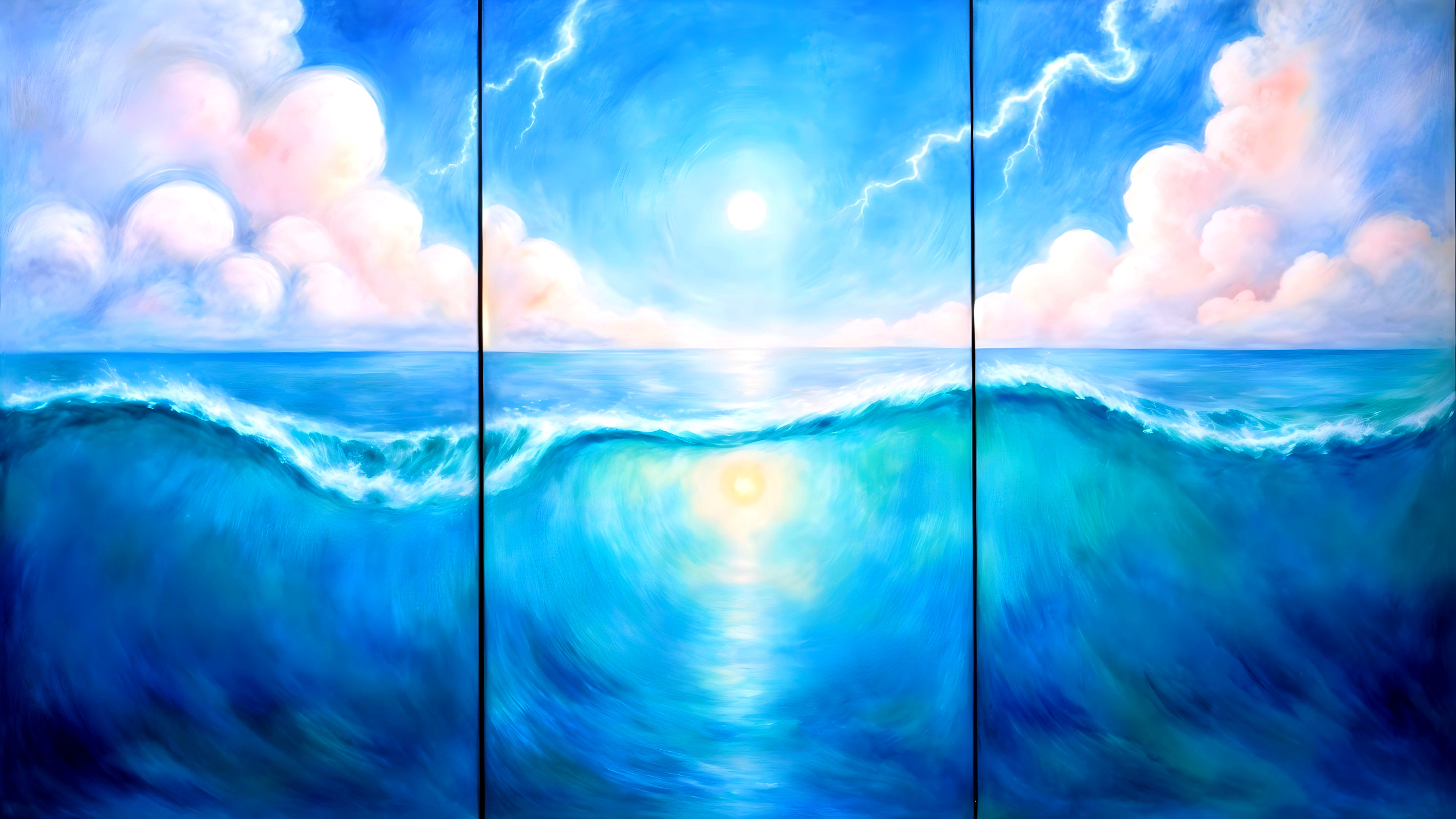 Vibrant Triptych of Ocean Waves and Serene Sky
