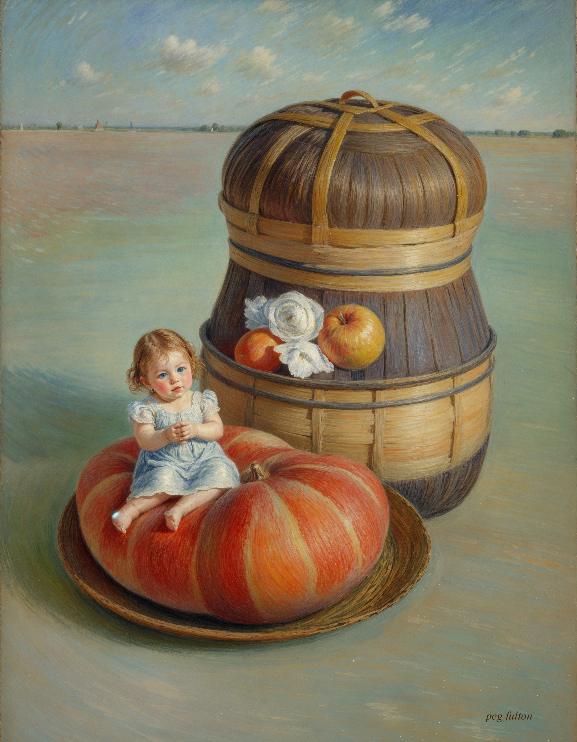Charming Painting of Child on Striped Pumpkin