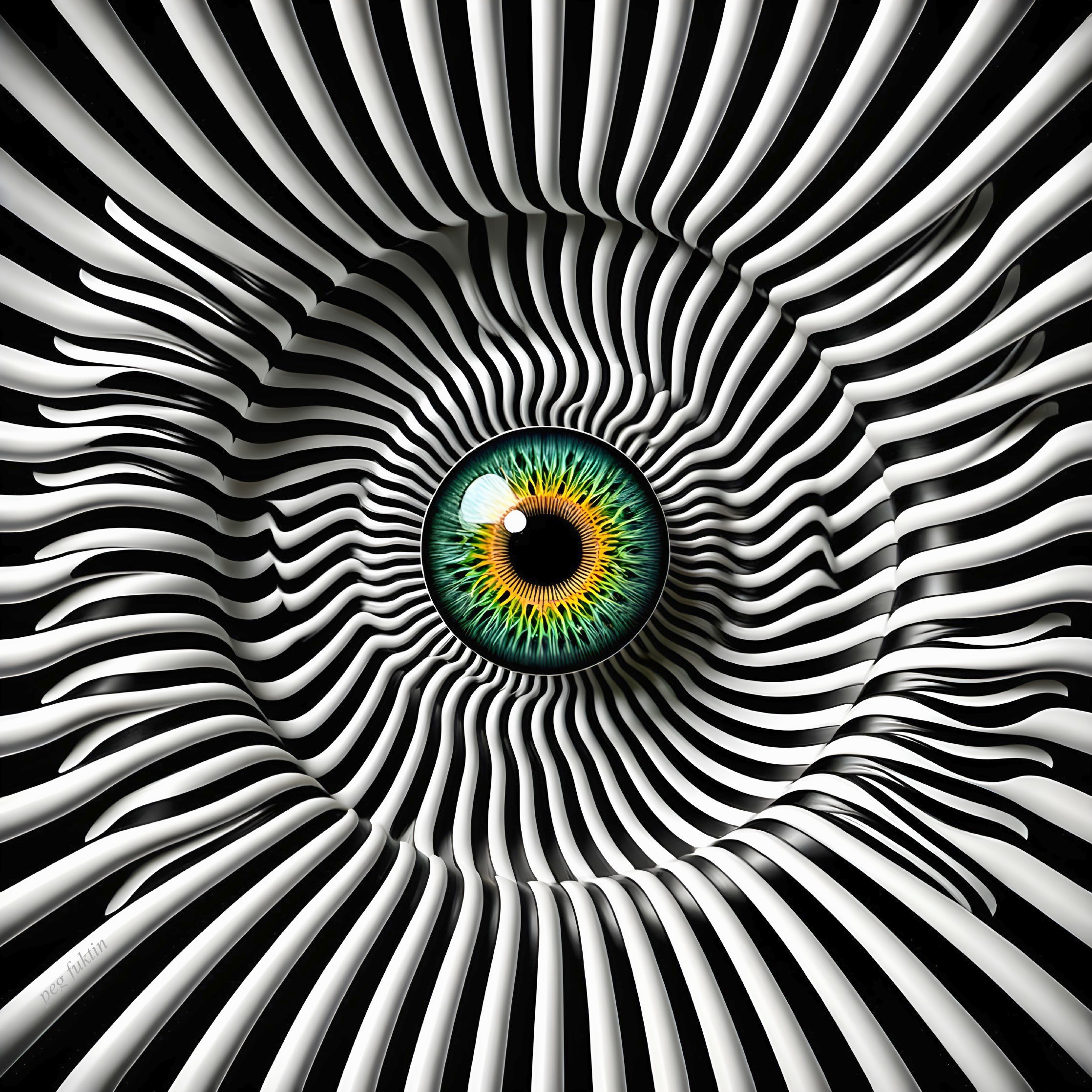 Vivid Green and Blue Eye with Spiraling Background Design