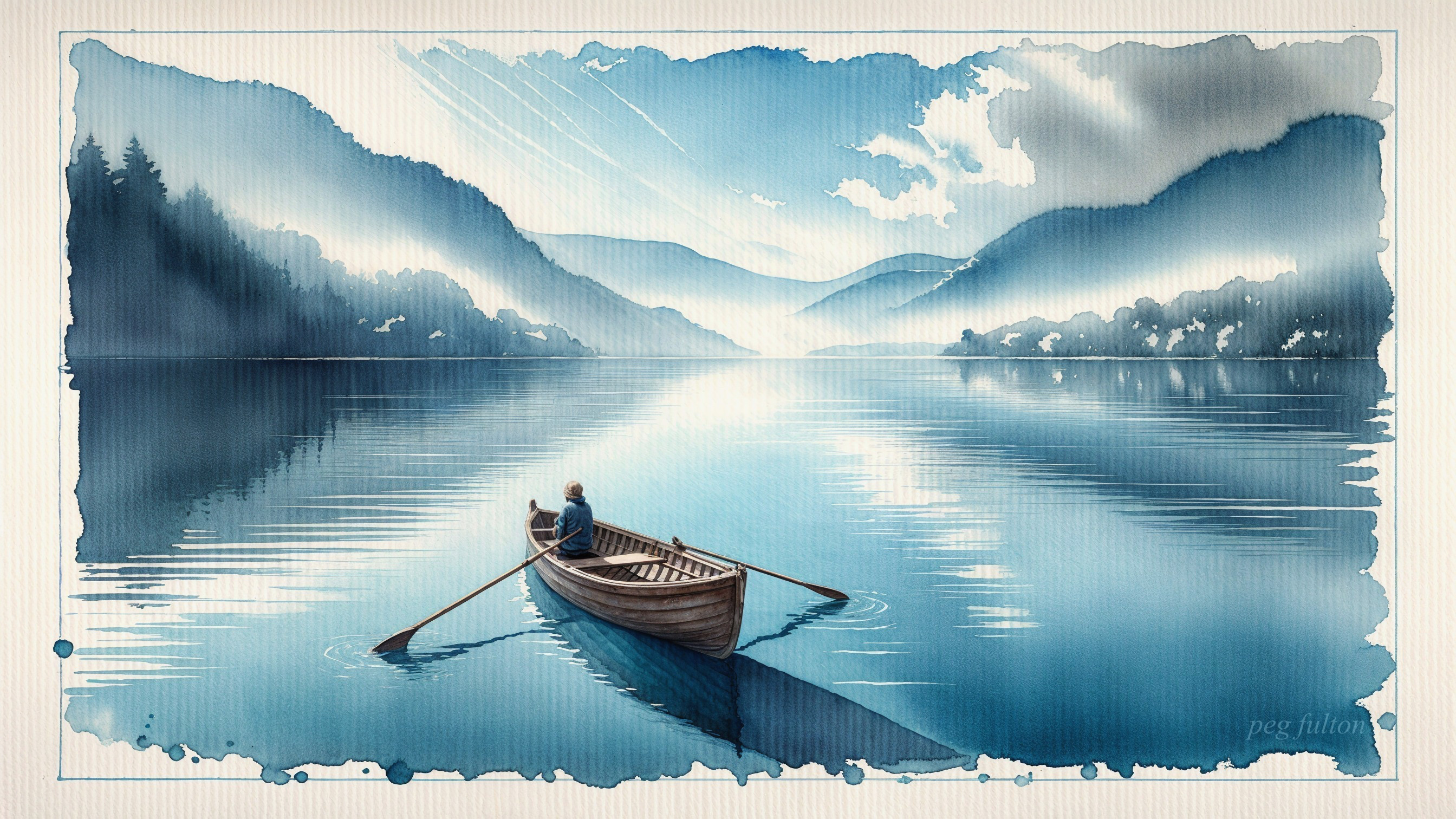 Serene Watercolor Landscape of Rowing on Tranquil Lake