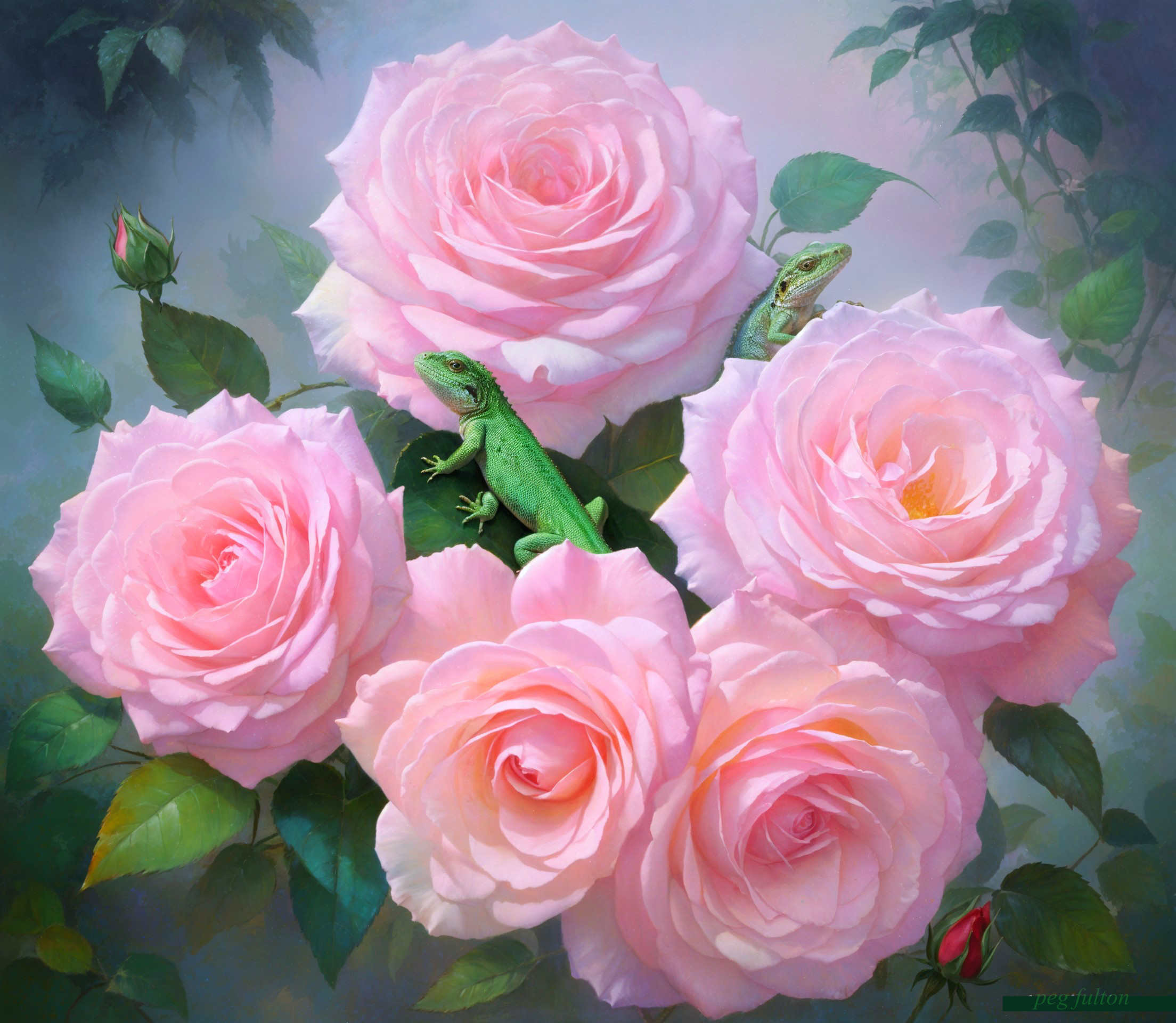 Vibrant Pink Roses with Playful Green Lizards