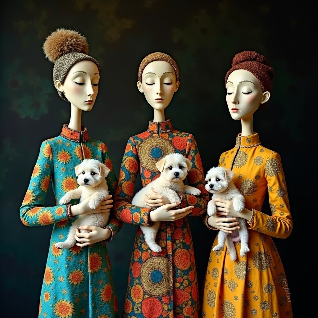 Elegantly Dressed Women with Fluffy Puppies in Focus