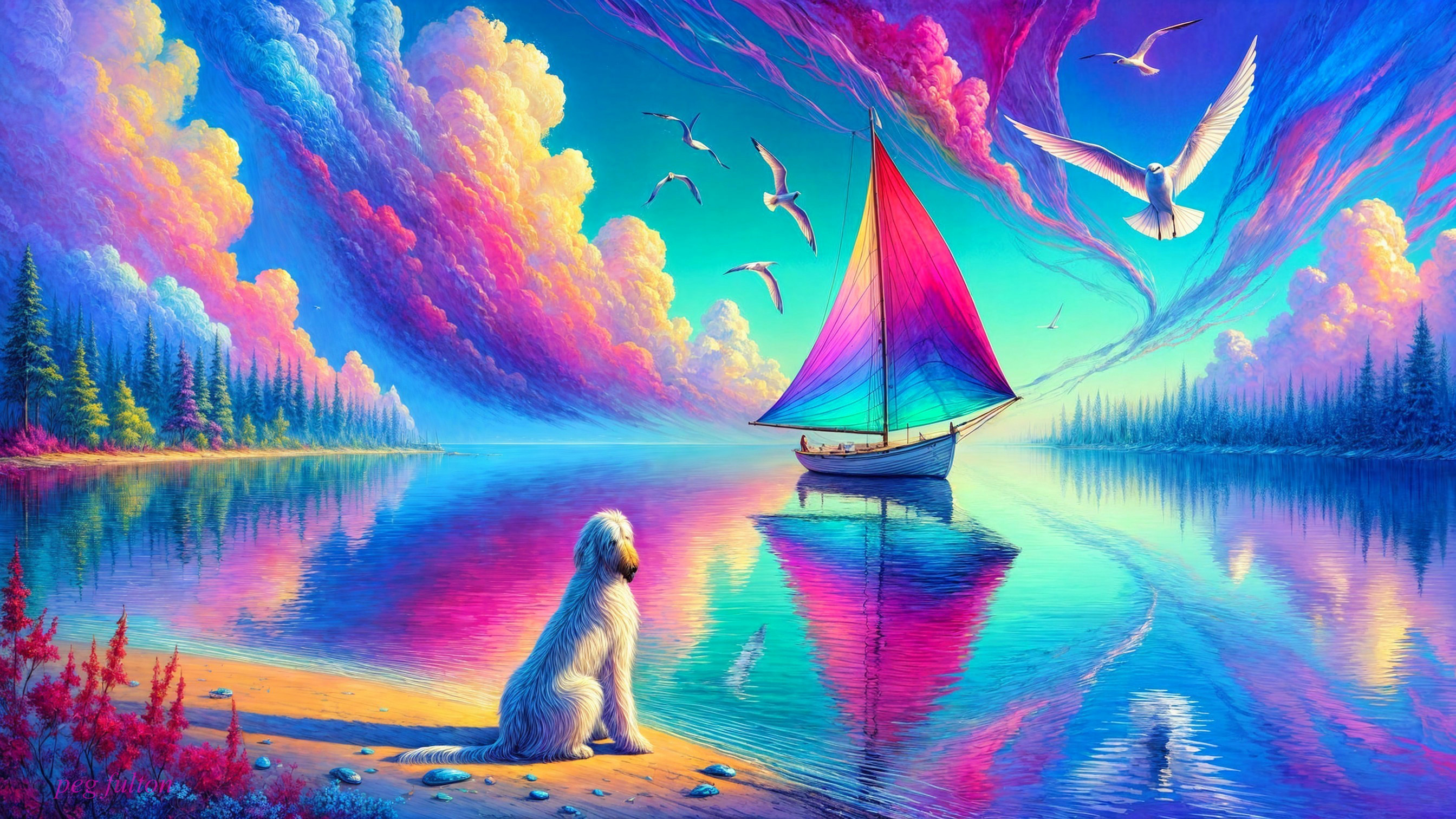 Serene Landscape with Colorful Sky and Sailboat