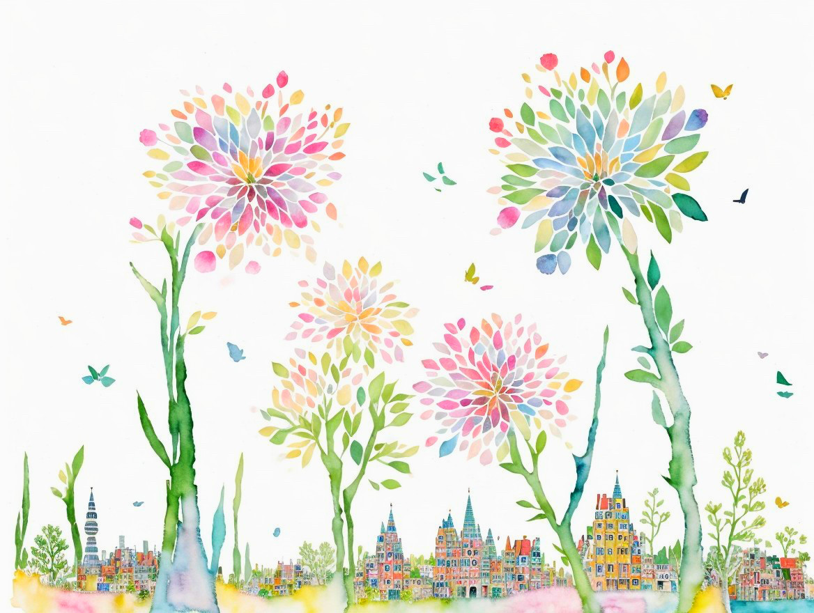 Whimsical Floral Trees and Vibrant Cityscape Painting