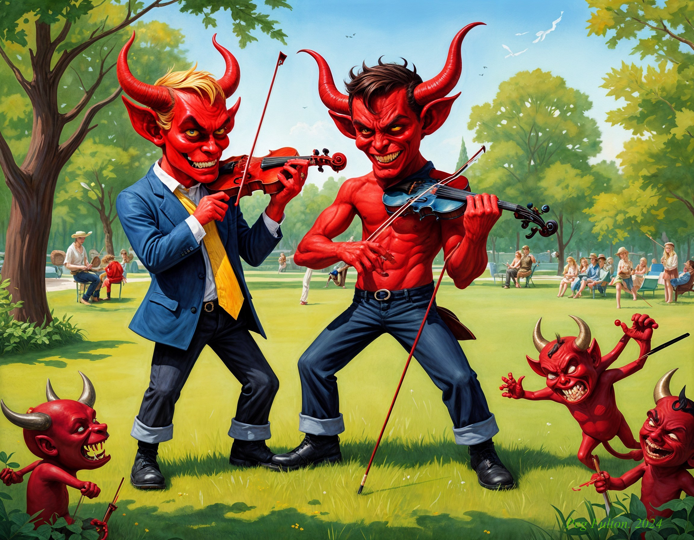 Devilish Figures Playing Violins in a Park Scene