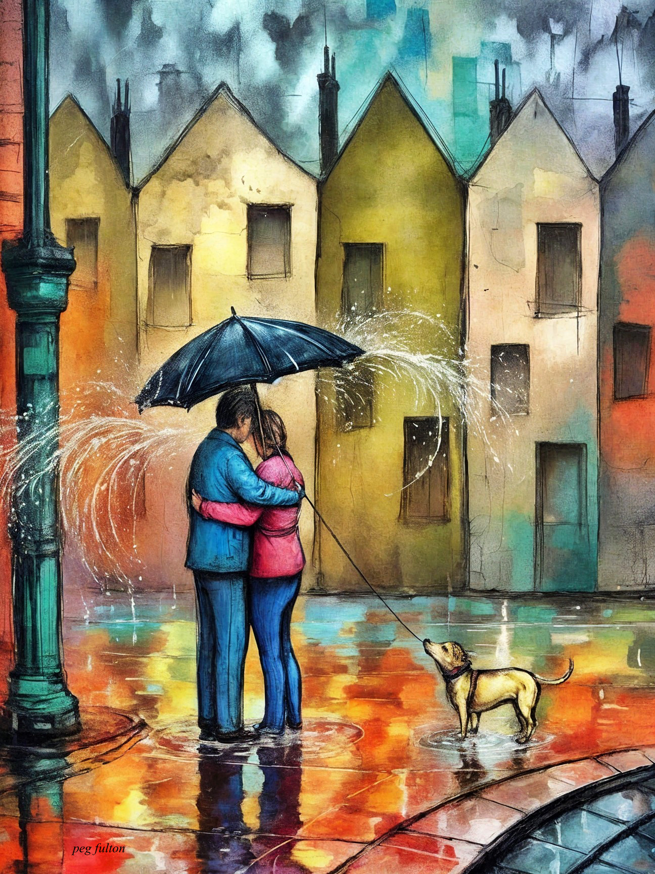 Couple Embracing Under Umbrella in Rainy Street Scene