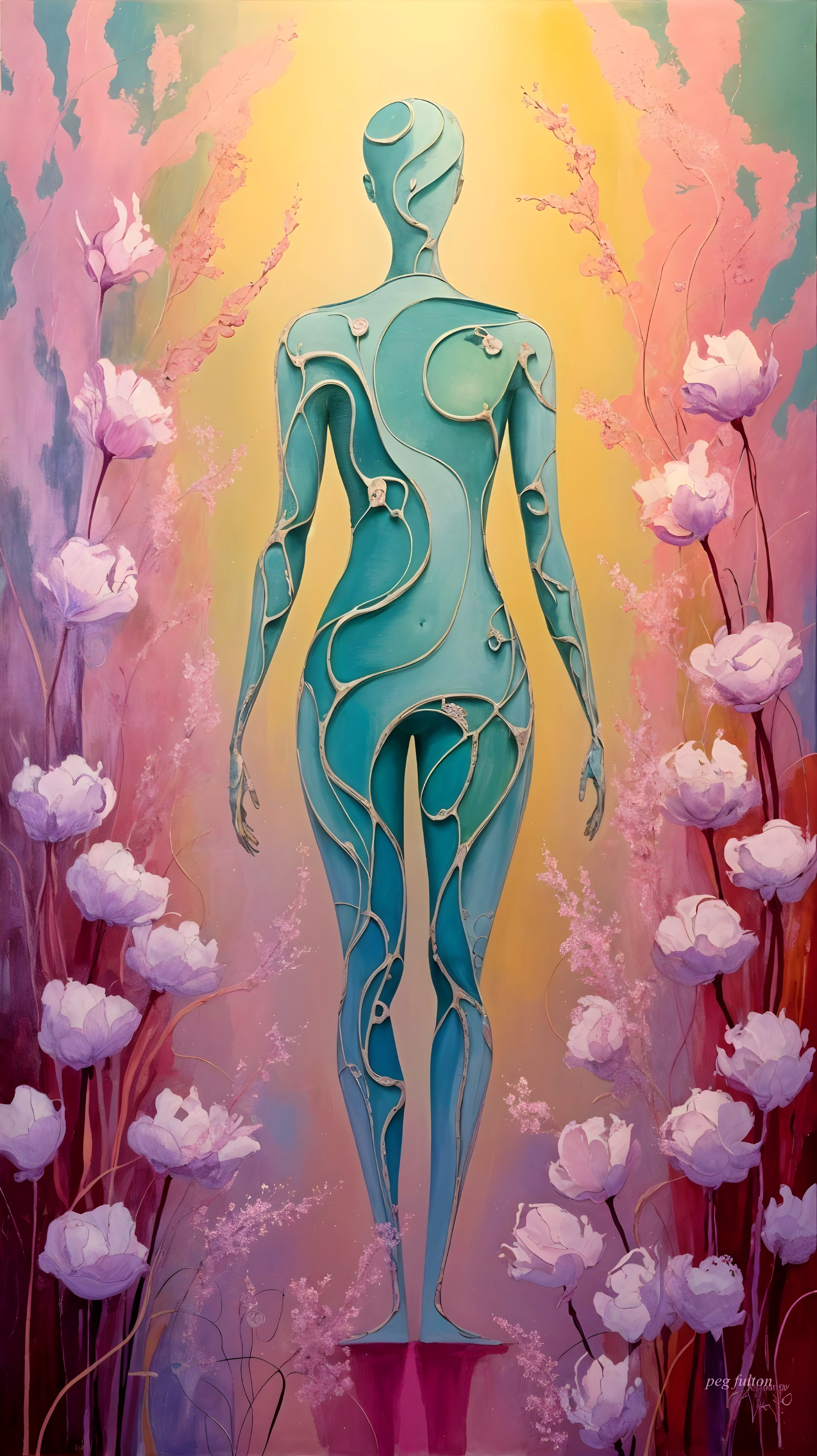 Stylized Humanoid Figure in Turquoise with Pastel Background